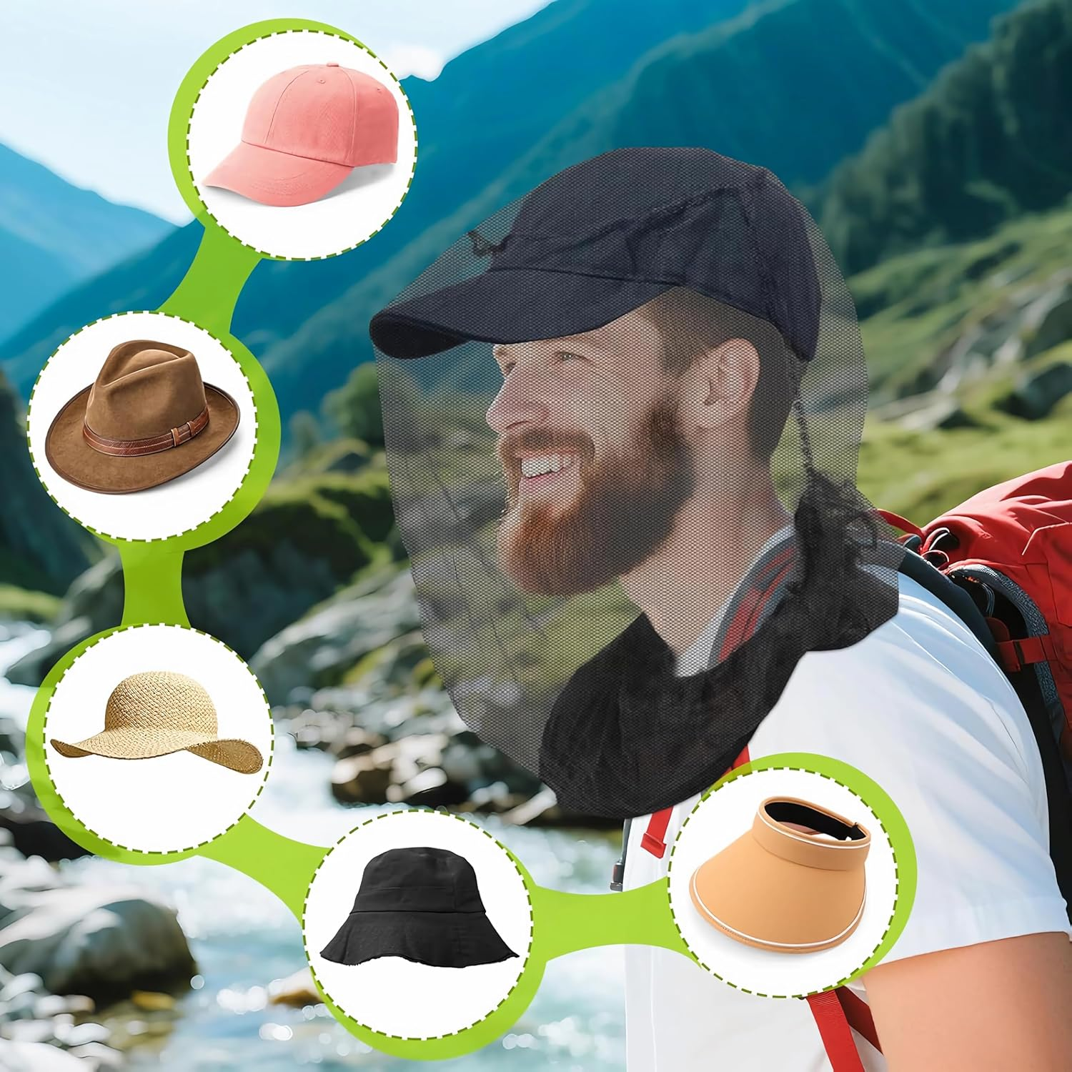 2 Packs of High-Quality Top Wrap Fine Mesh Insect Masks, with Ultra-Clear Views, Adjustable Drawstrings, Suitable for Hiking, Fishing, Gardening, Wildlife Parks, and All Hats for Men and Women image number 3