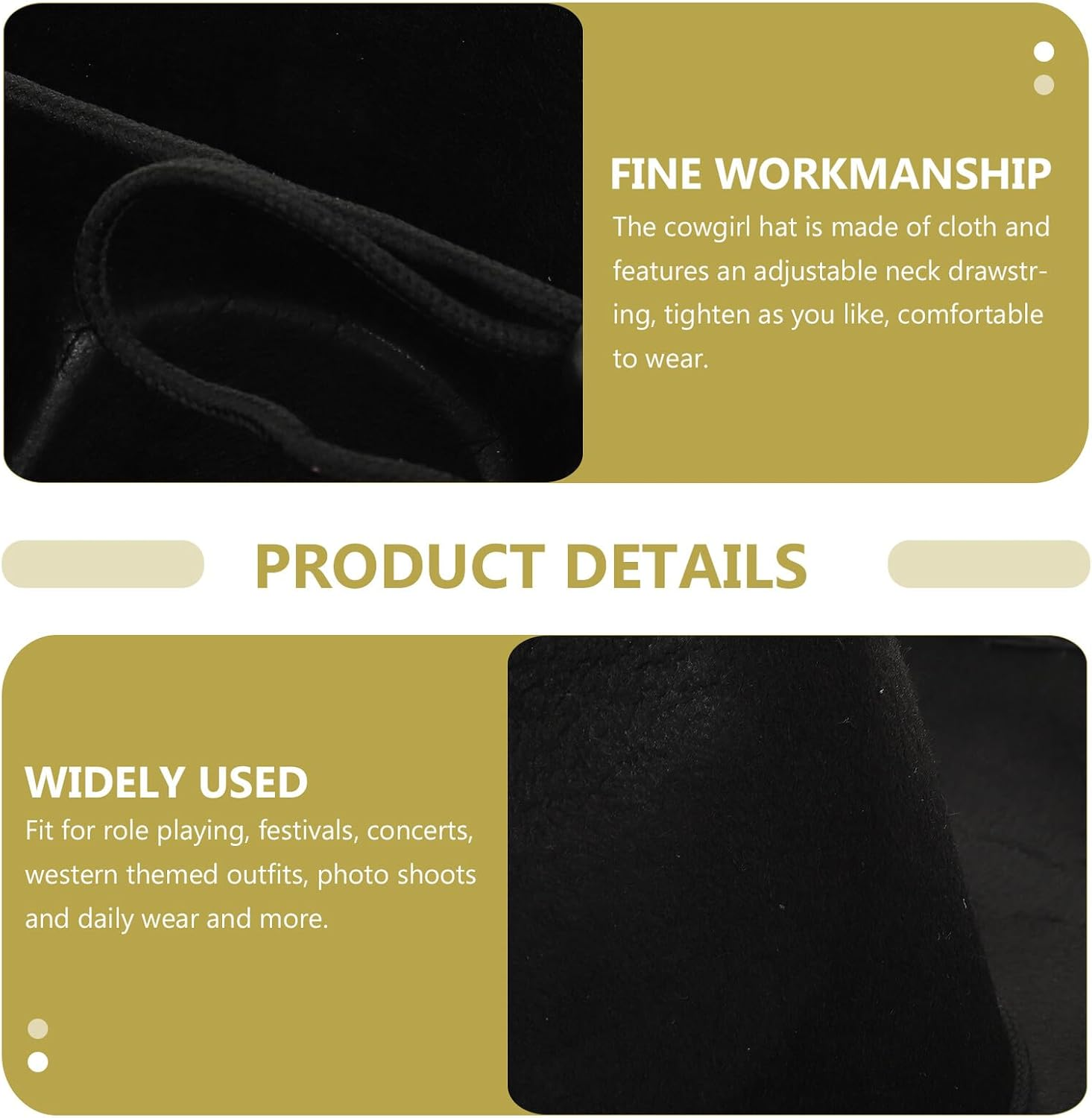 JOINPAYA Western Cowboy Cowgirl Hat with Chin Strap Wide Brim Black Party Festival Hat for Women Country and Western Dress-Up Accessory image number 2