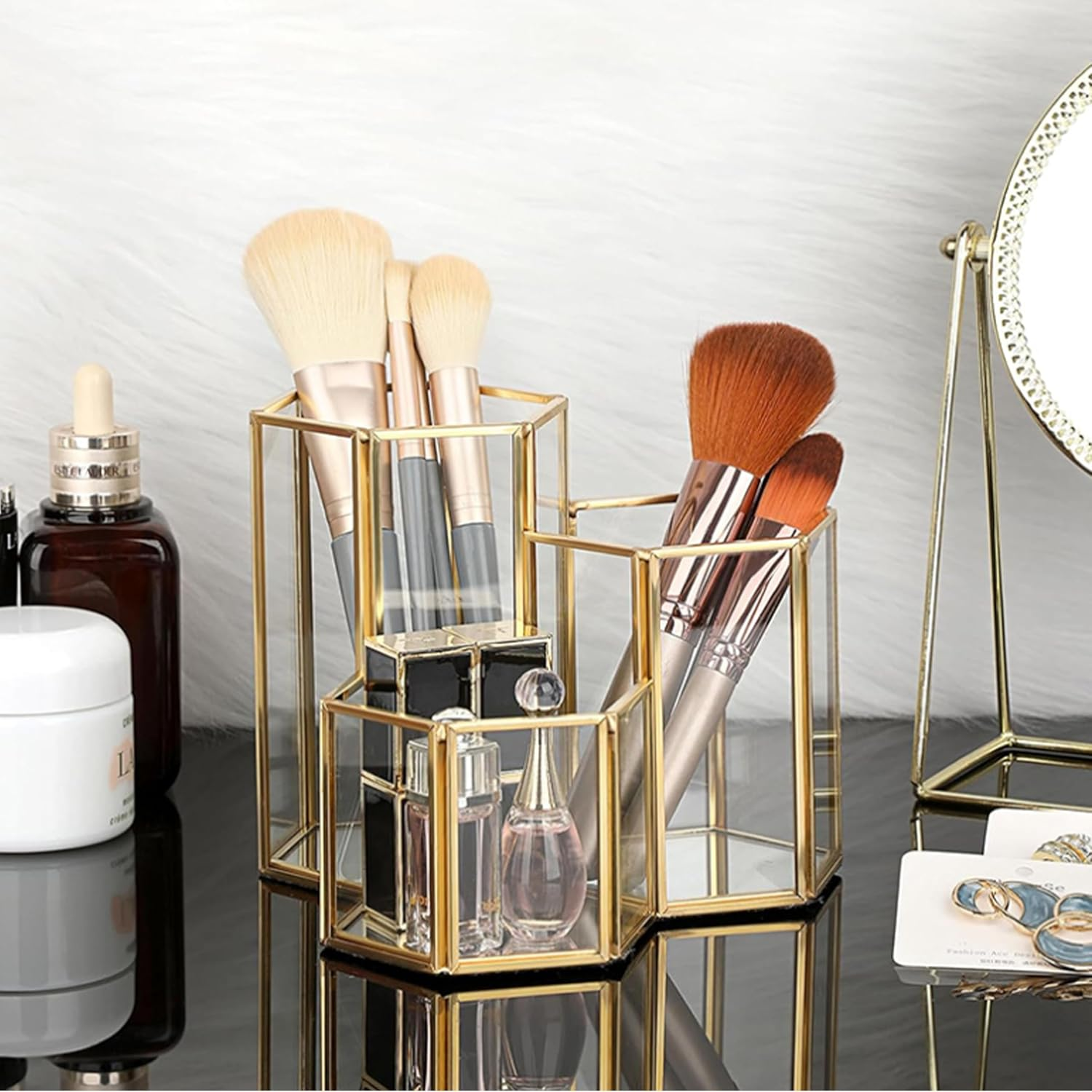 3 Compartment Gold Hexagon Glass Holder - Multipurpose Organizer for Makeup Brushes, Eyeliners & Desk Supplies | Decorative Vanity & Office Accessory image number 2