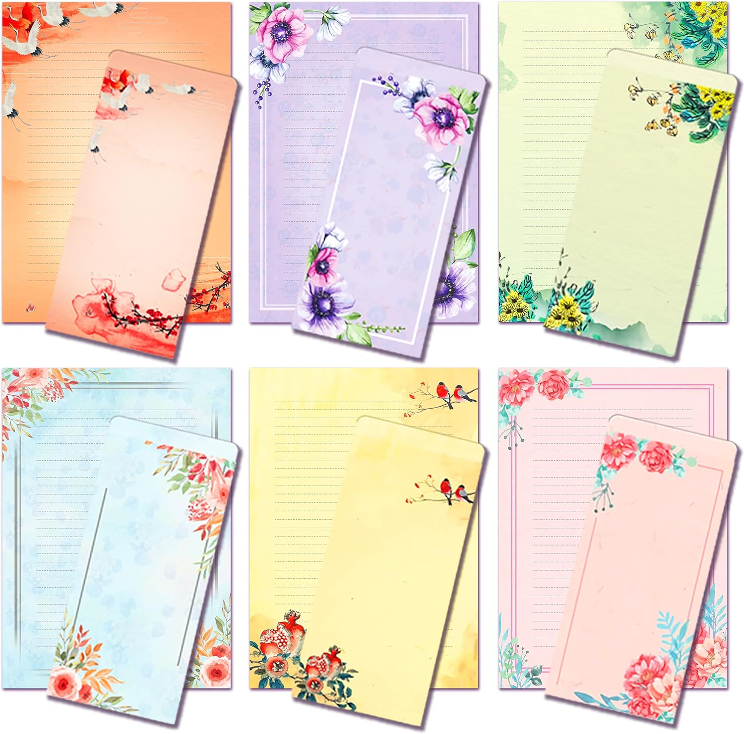 A4 Vintage Floral Stationery Paper (Lined) 48 Pieces and Self-Sealing Envelopes 24 PC Set, 100GSM Heavy Weight College Ruled Letter Writing Stationary, Printer Friendly, Color Both Sides, Watercolor image number 5