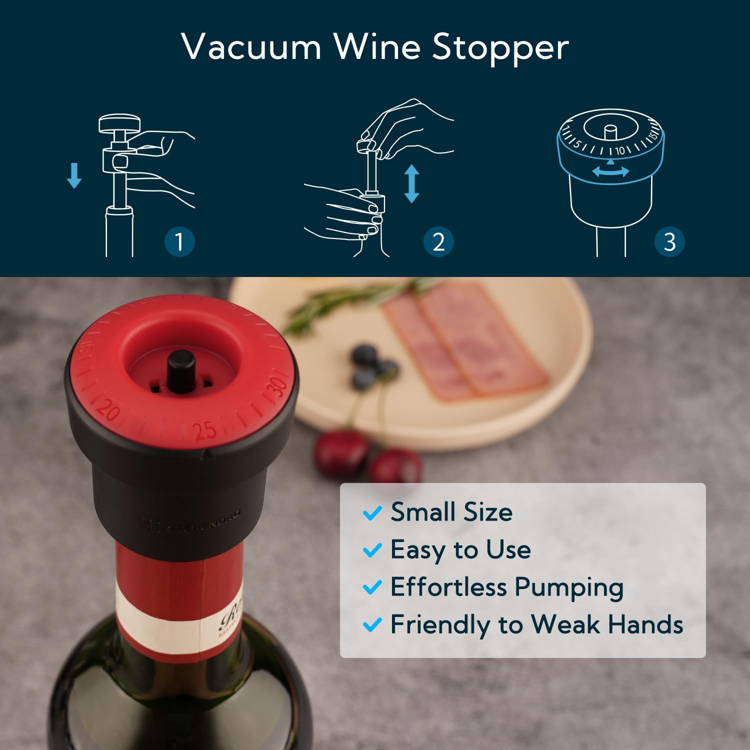 KITCHENDAO 2-In-1 Vacuum Wine Stopper, Built-In Wine Saver Pump with Date Marker, Reusable Wine Preserver, Wine Sealer Corks to Keep Fresh, Easy to Release, Set of 2 image number 6