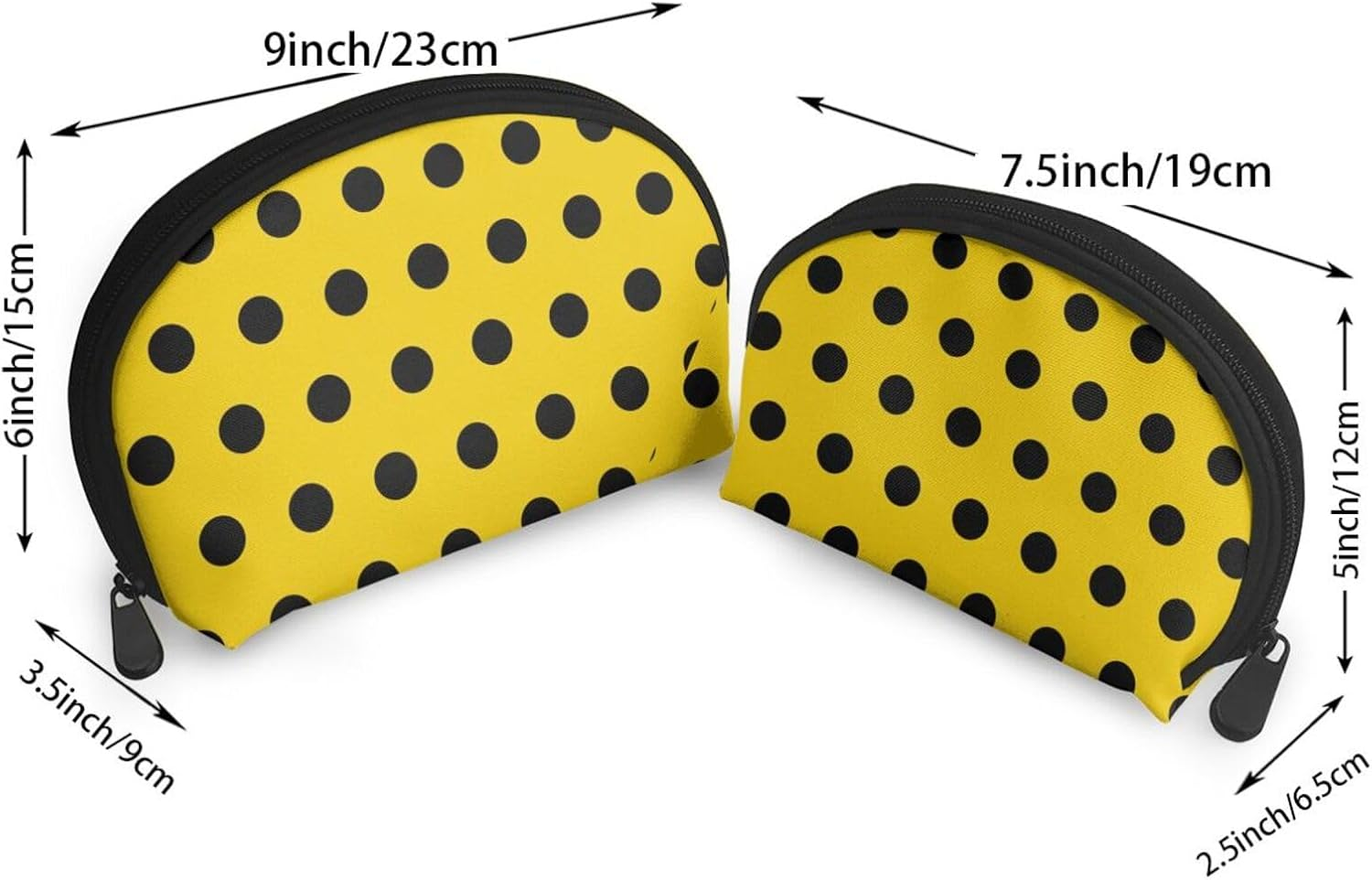 Cozimangoe Coin Pouch Makeup Bags Set, 2 Piece Shell Shape Cosmetic Bag with Pockets for Daily Travel Handbag Lipstick Keys Toiletry, Personalized Black and Yellow Polka Dots image number 1