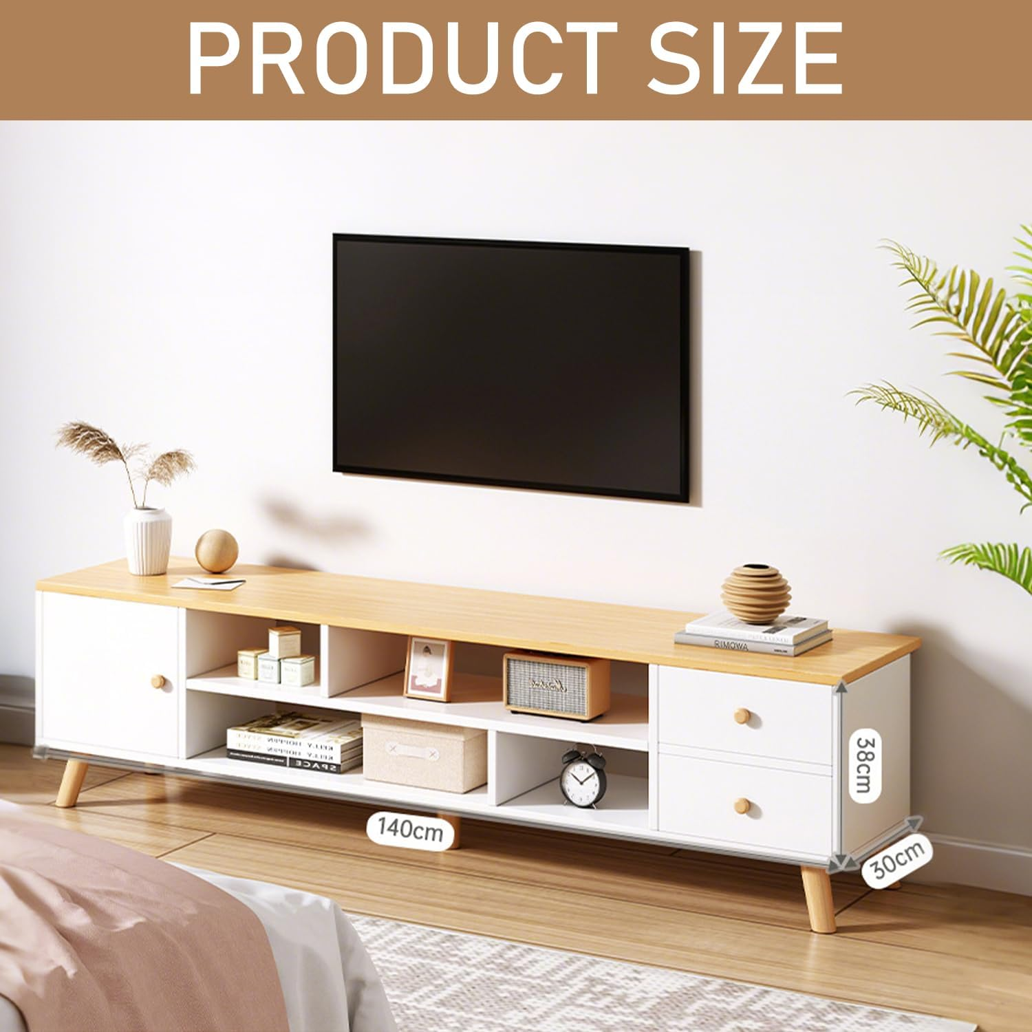 Uandhome Modern TV Cabinet,Wooden TV Entertainment Media Center Console Table with Drawers and Doors and Open Storage Shelf, Multifunctional TV Stand/Unit for Living Room,Bedroom (Wood 140*30*38Cm) - Log image number 6