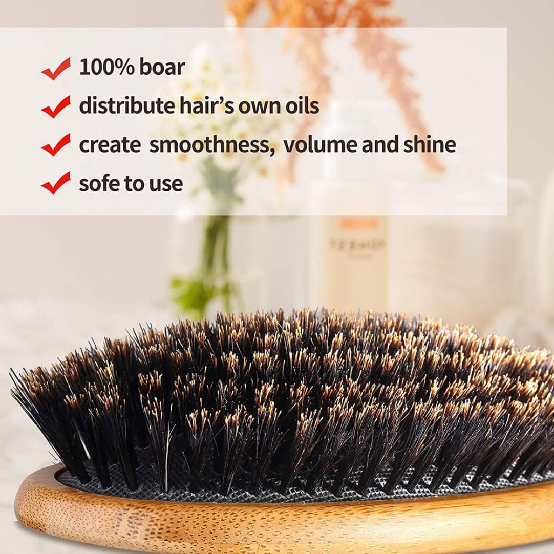 Boar Bristle Hair Brush, Paddle Hair Brush with Wooden Handle, Portable Slick Back Hair Brush, Curly Hair Brush Comb for Thick Coarse Hair image number 2