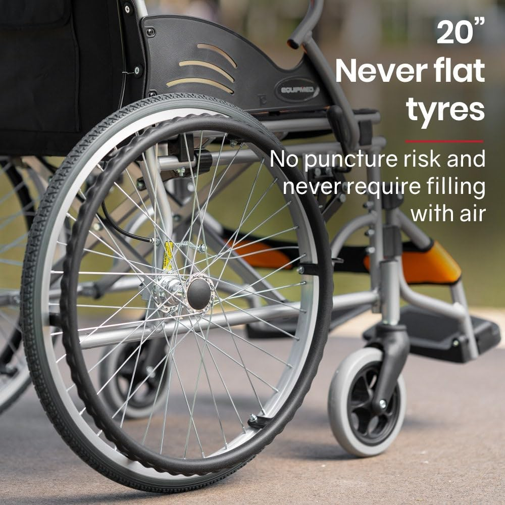 "Equipmed Folding Aluminium Wheelchair, 20"" Wheels, Park Brakes, 100Kg Capacity, Orange" image number 5