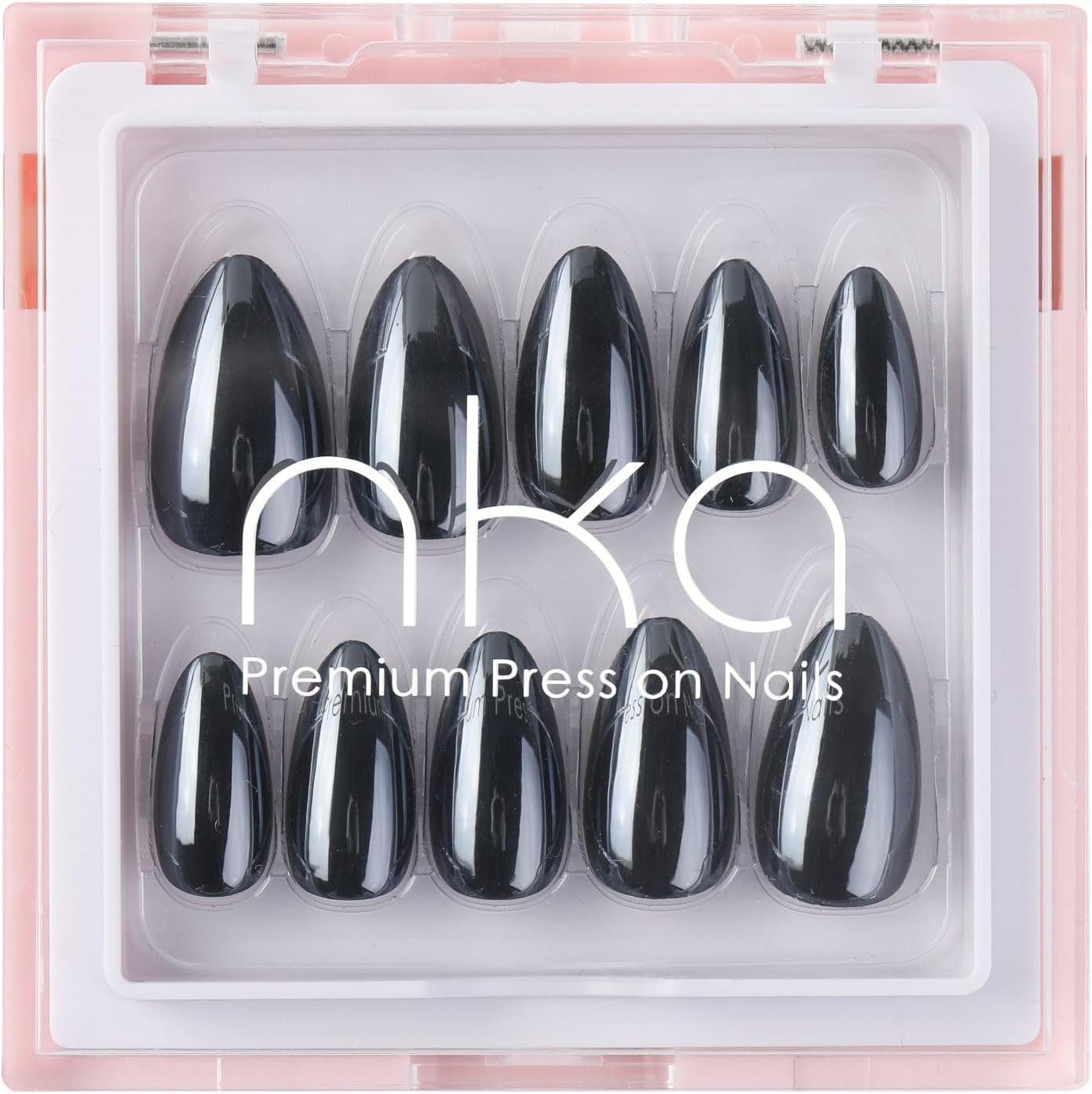NKA Press-On Nails Kit, 30 Soft Acrylic Nails in 15 Sizes with Nail Glue, Sticky Tabs, Prep Tools & Reusable Case &ndash; Long-Lasting, Salon Look, Glazed Black Short Almond image number 1