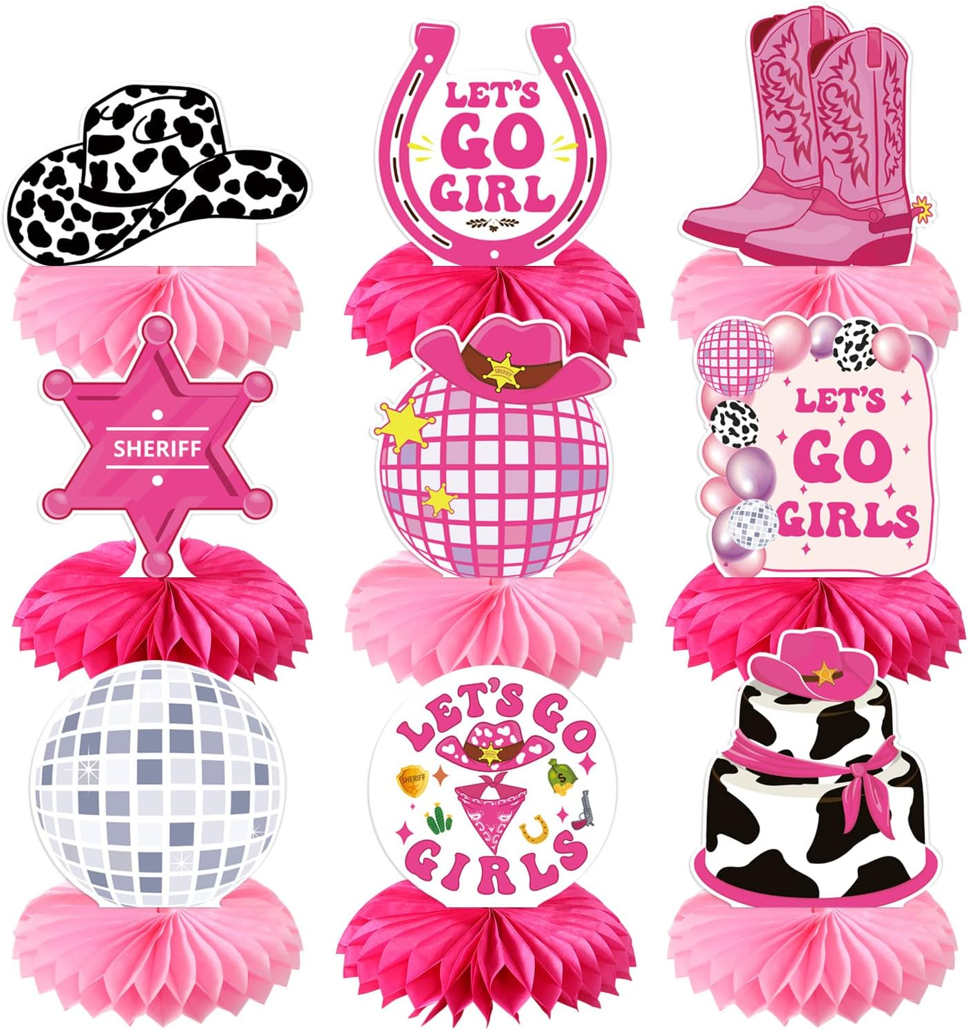 Lets Go Girls Bachelorette Party Decorations - 9Pcs Disco Cowgirl Decorations Honeycomb Centerpiece Pink Bachelorette Party Decorations Disco Western Cowgirl Party Decorations Girls image number 4