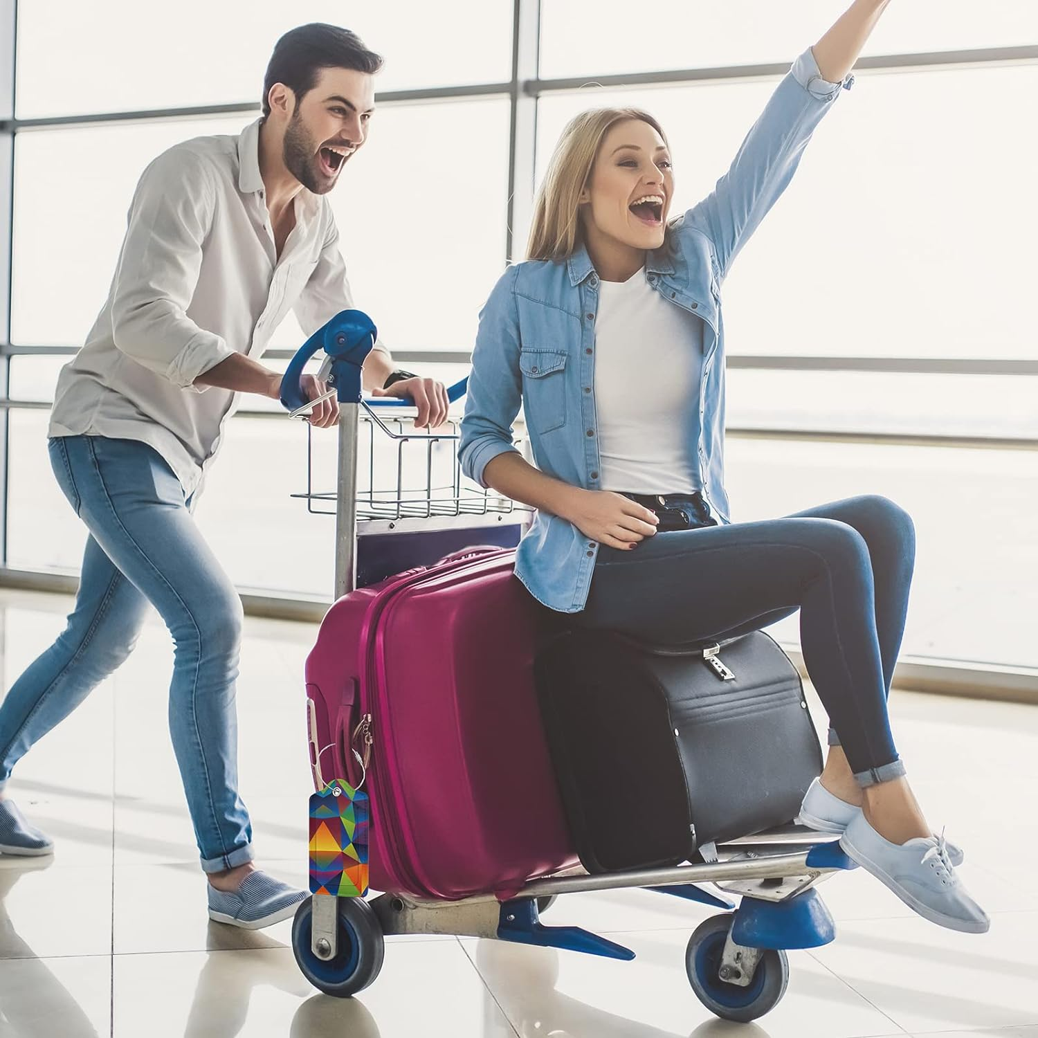 2 Pack Luggage Tag for Suitcase, Cute Leather Baggage Tag with Stainless Steel Loop Privacy Cover for Women Girls Bag Travel - Blue image number 4