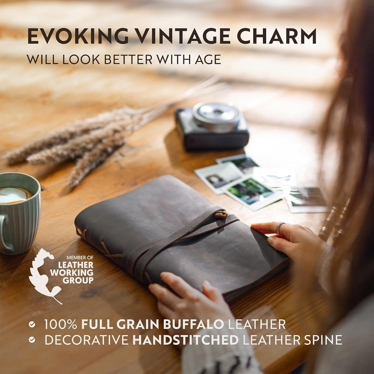 MOONSTER Leather Photo Album Scrap Book &ndash; Handcrafted Full Grain Buffalo Leather Scrapbook and Photo Albums for Photos W/Leather Strap &ndash; Beautiful Handmade Wedding Photo Album Book, Photo Book By image number 6