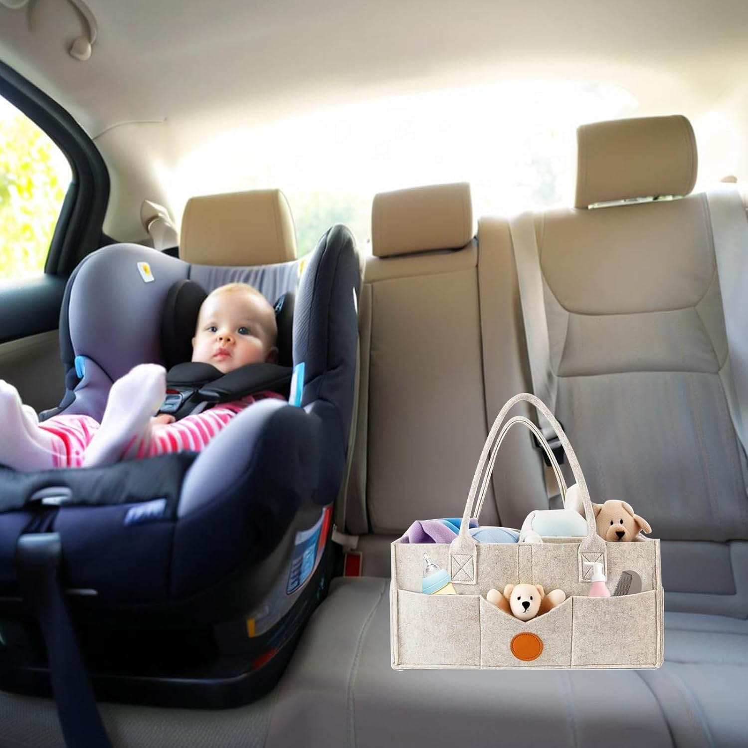 Baby Diaper Caddy Organizer, Felt Cloth Nursery Storage Bin and Car Organizer, Baby Storage Basket for Diapers and Baby Wipes, Changing Table Organizer (Khaki) image number 6