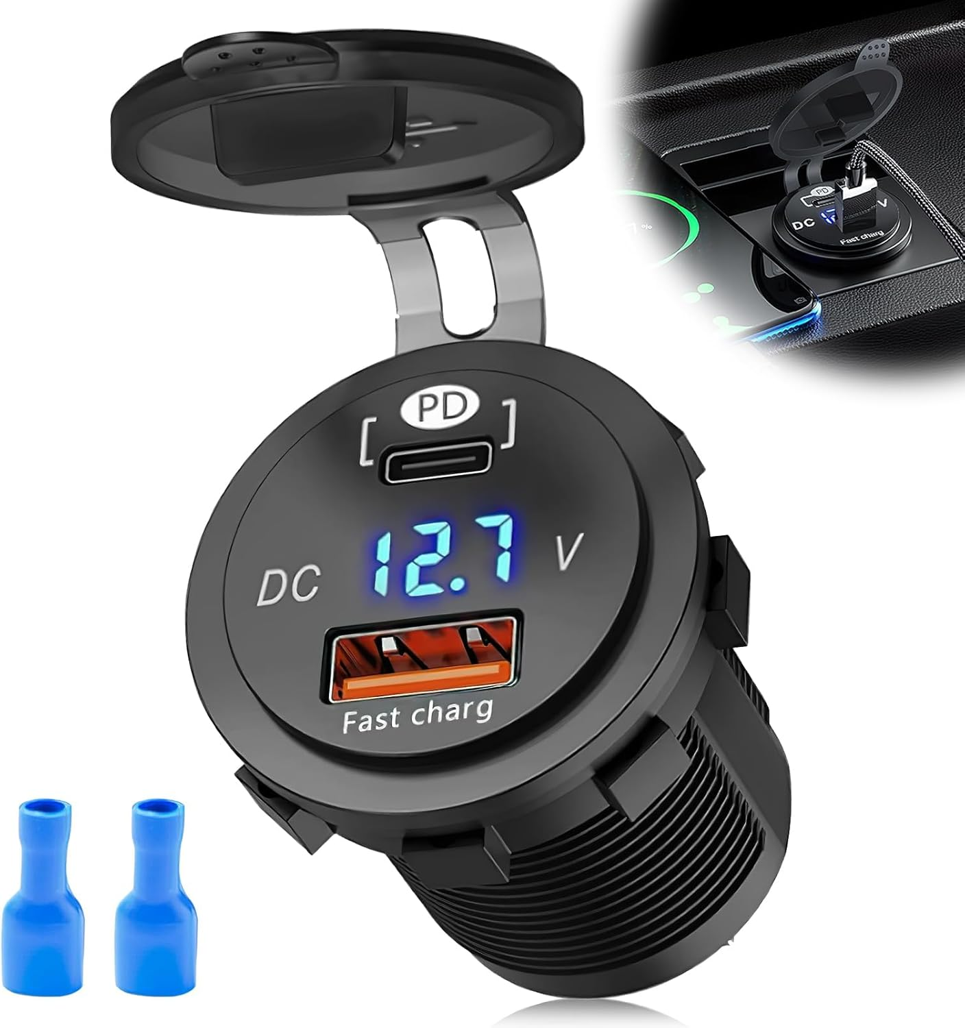 USB C and USB a Car Socket, 70W Waterproof 12V/24V PD+QC3.0 Fast Charger with LED Indicator for Car/Motorcycle/Boat, Can Charge Mobile Phone/Tablet/Digital Camera image number 1