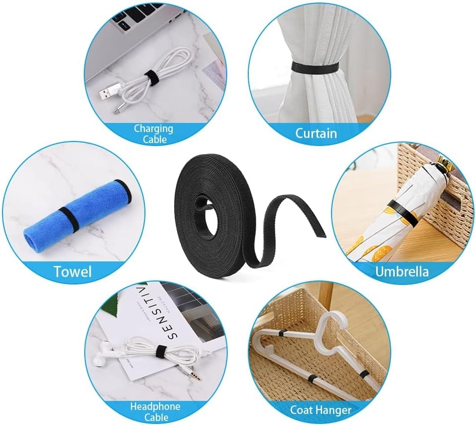 URAQT Fastening Tape Hook and Loop Cable Ties, 10Mm X 5M Reusable Self Adhesive Cable Ties Straps for Cable Management, Cord Organizer Straps, Black (5M) image number 4