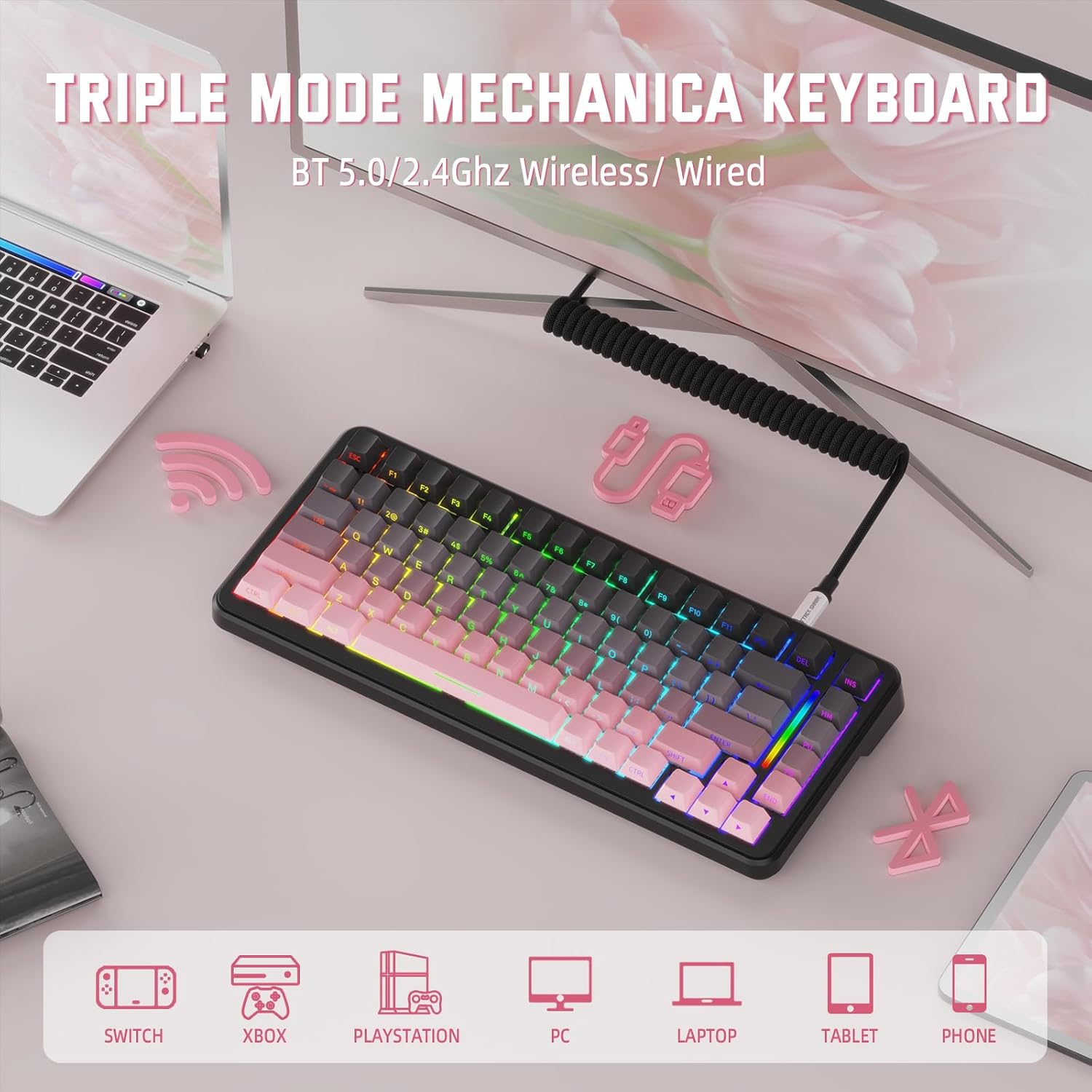 Lexonelec X Attack Shark M86 Pro Wireless Mechanical Keyboard, Bt/2.4G/Wired, 4000Mah, Hot-Swappable Linear Switch, Side-Printed Keycap, QWERTY, RGB Gaming Keyboard with Coiled Cable.(Black Pink) image number 4