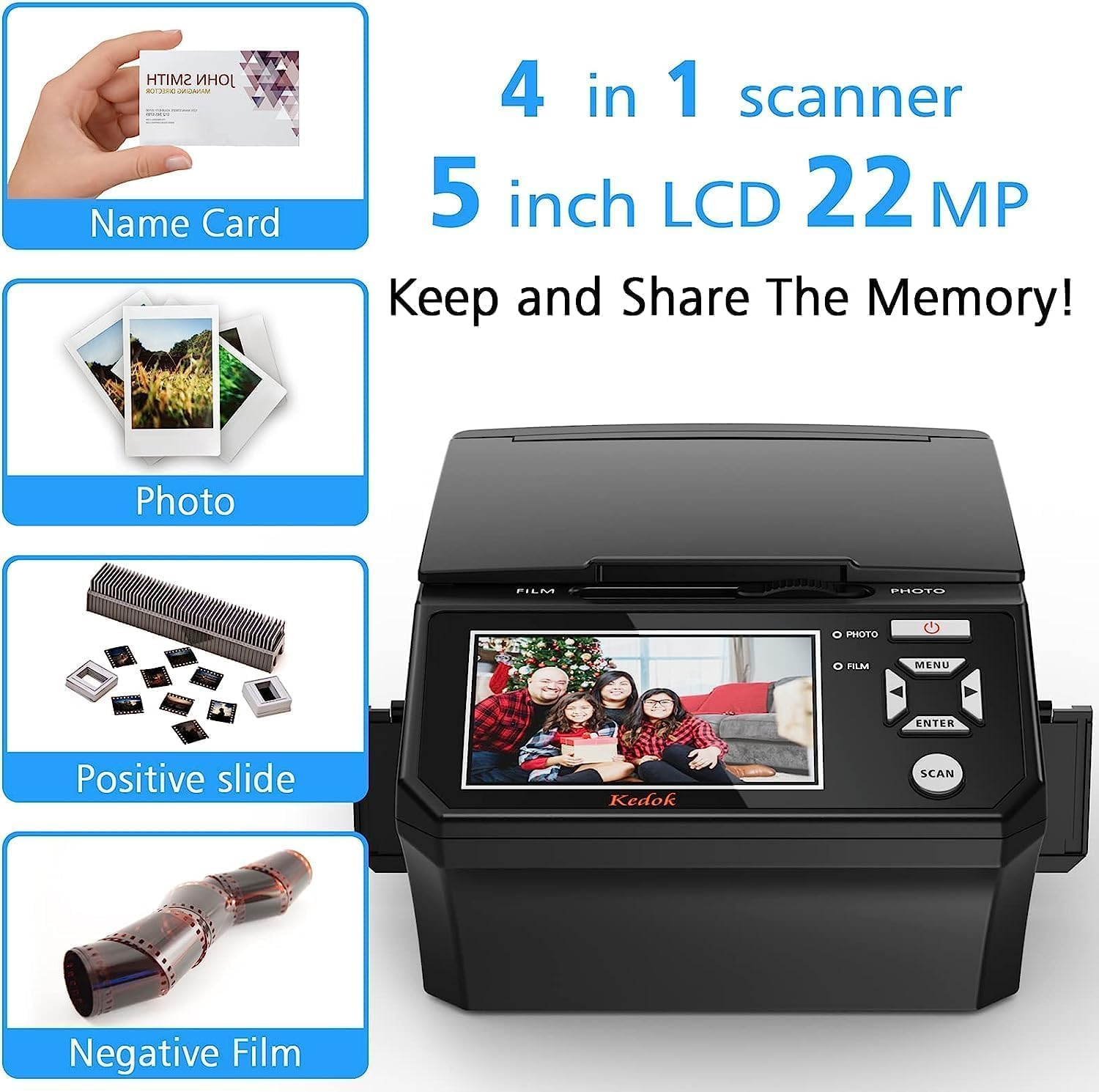 Multiscanner for Photos, Slides and Negatives, Photo Scanner for Digitizing with 5 Inch LCD Large Screen, Convert 35 Mm, 110 Film/Photo/Business Card to 22 MP Digital JPEG image number 2