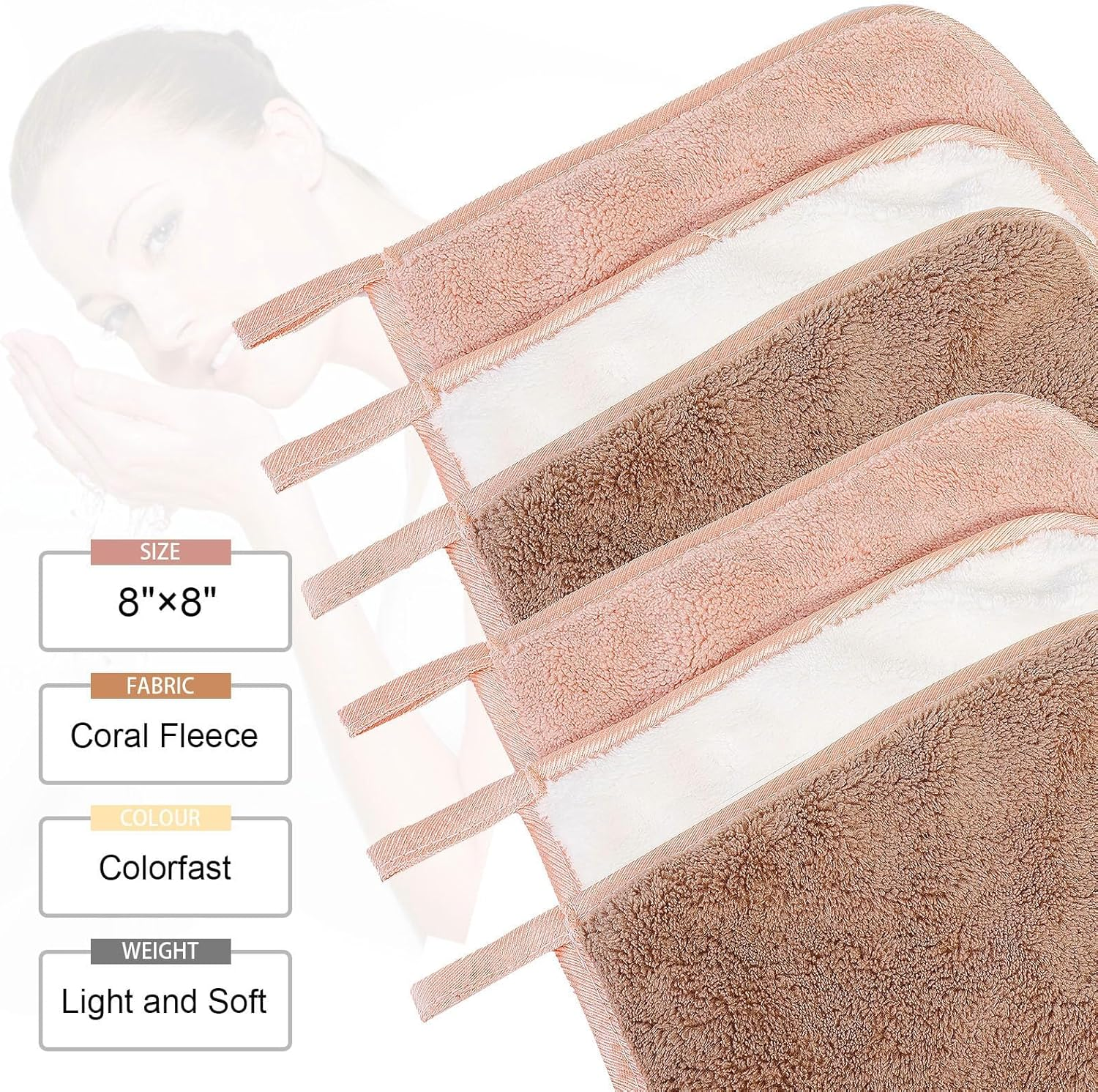 Microfiber Makeup Remover Cloth Soft Facial Cleansing Cloths Absorbent Washcloth Face Cloths Reusable Flannel Face Cloth 8Inch X 8Inch 6Pack (Pink, White, Brown, 1 Count (Pack of 6)) image number 4