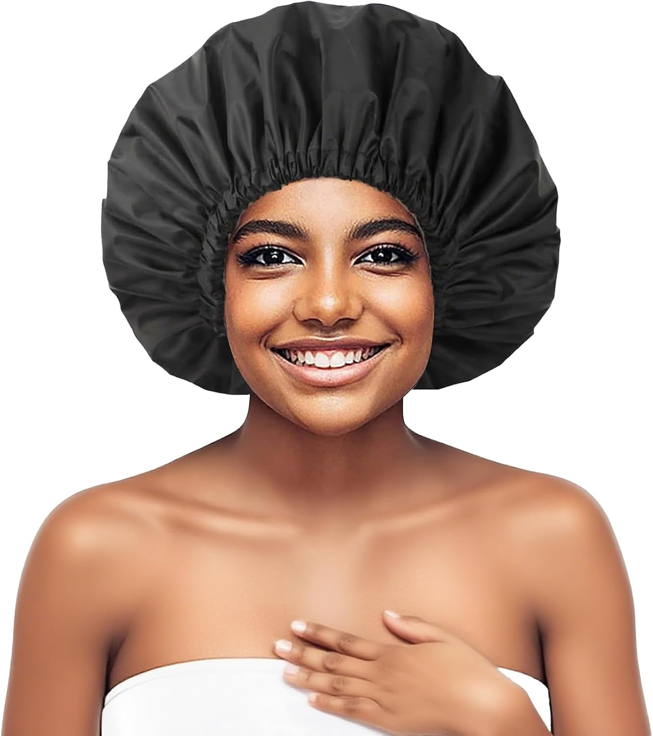 Shower Cap 1 Black Adjustable One-Size Cap with Waterproof Design. This Adjustable Shower Cap Fits Long Hair, Braids, Curly Hair&mdash;Suitable for Women, Men. Reusable, Practical for Daily Showers. image number 1