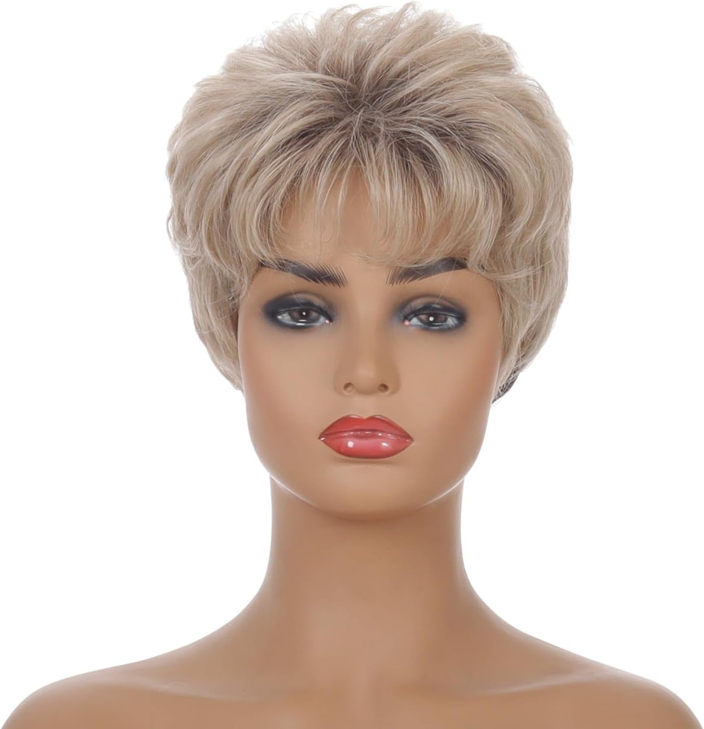 AUBWIG Short Black Ombre Blonde Light Curly Hair Women'S Wig with Fringe Wig Natural Fluffy Synthetic Hair Wig Tiered Heat Resistant Wigs (Black Ombre Blonde) image number 6