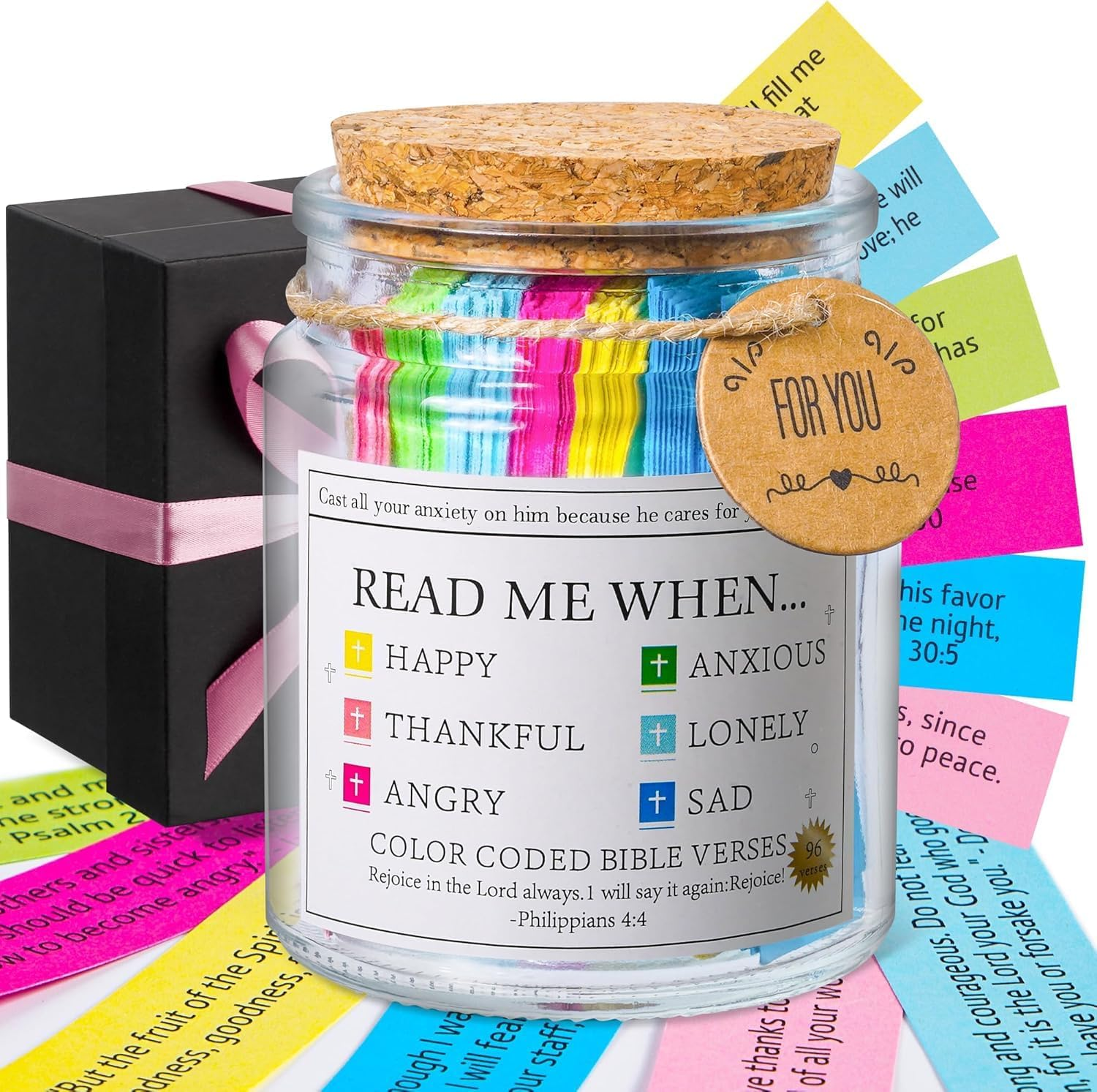 Bible Verse Jar, Read Me When Bible Verses Jar for Emotions and Feelings, Bible Verses in a Jar, Prayer Hope Jar, Comes with a 48-Inch Ribbon Bow. (Bible Jar of Emotions and Feelings)