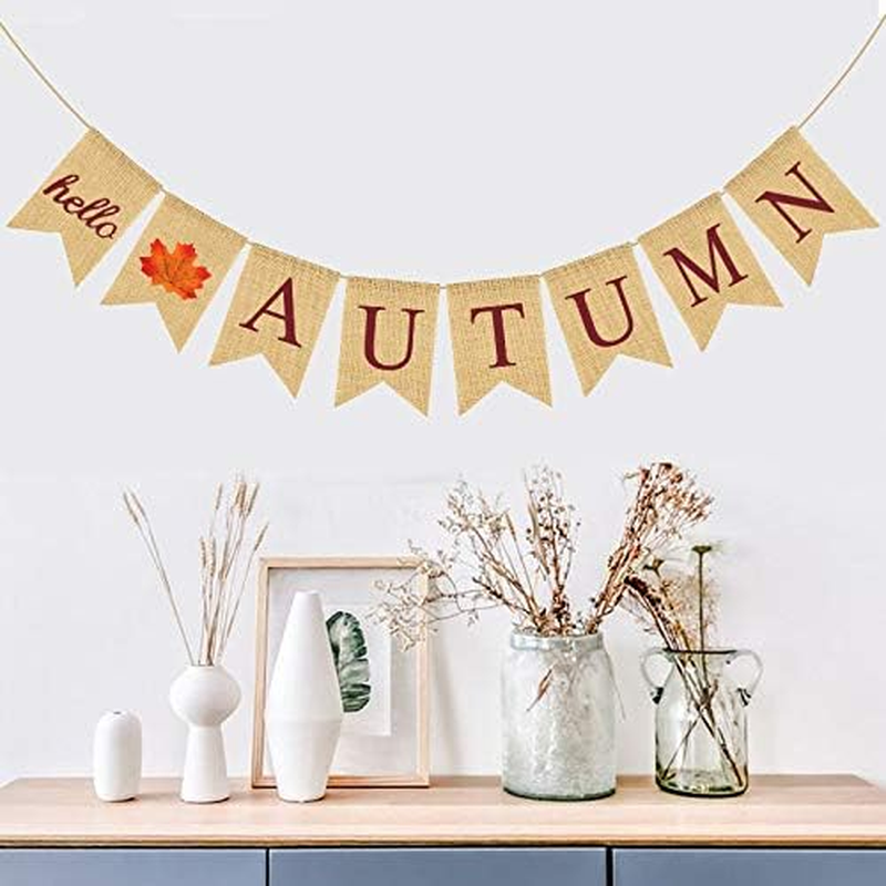 Weforu HELLO AUTUMN Burlap Banner Linen Garland Hanging Banner Bunting for Party Autumn Decorations image number 3