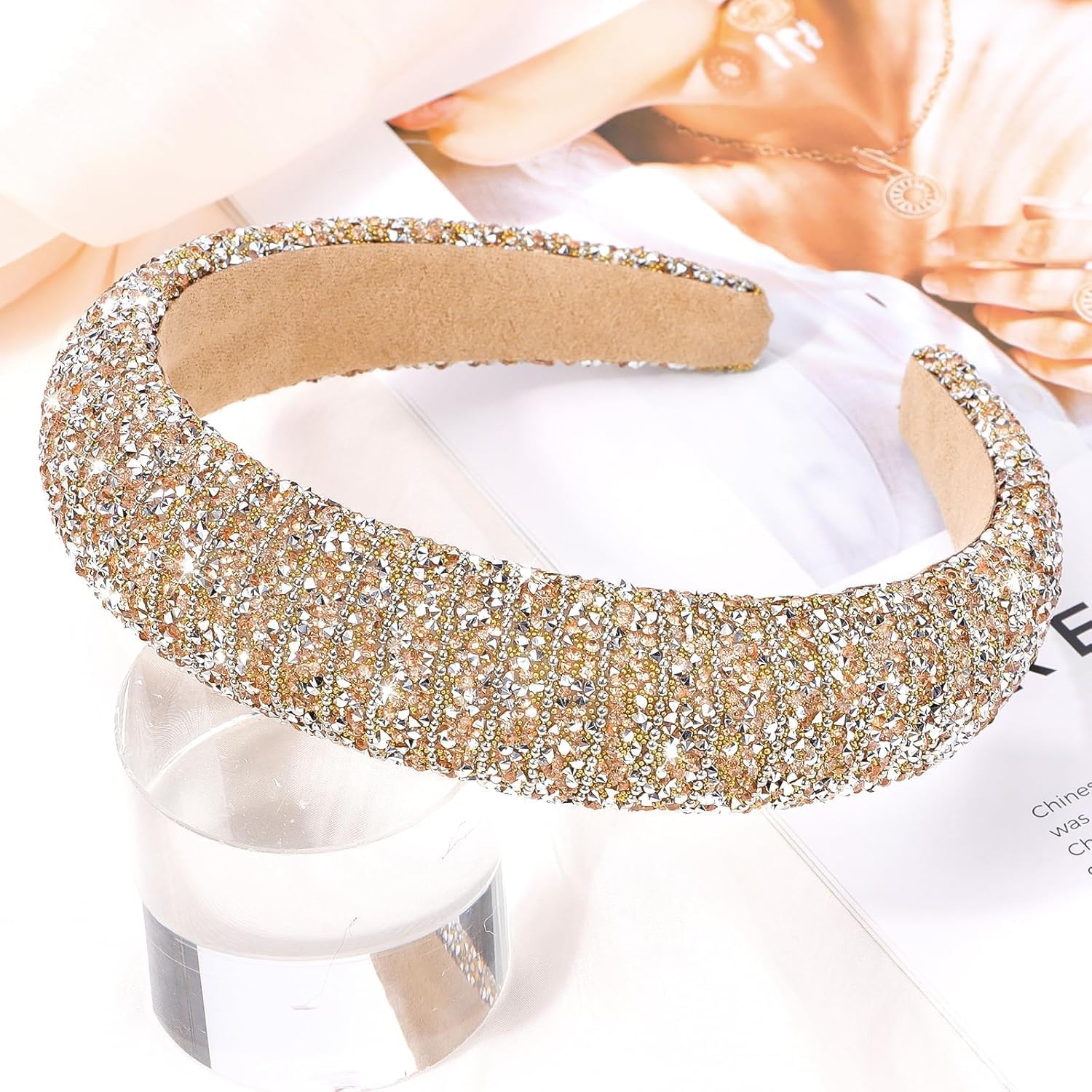 1PC Gold Crystal Headbands for Women Girls, Cute Puffy Padded Headband for Wedding Bride Fashion, Wide Thick Bling Hairbands Hair Hoop Accessories for Birthday (Gold, One Size)