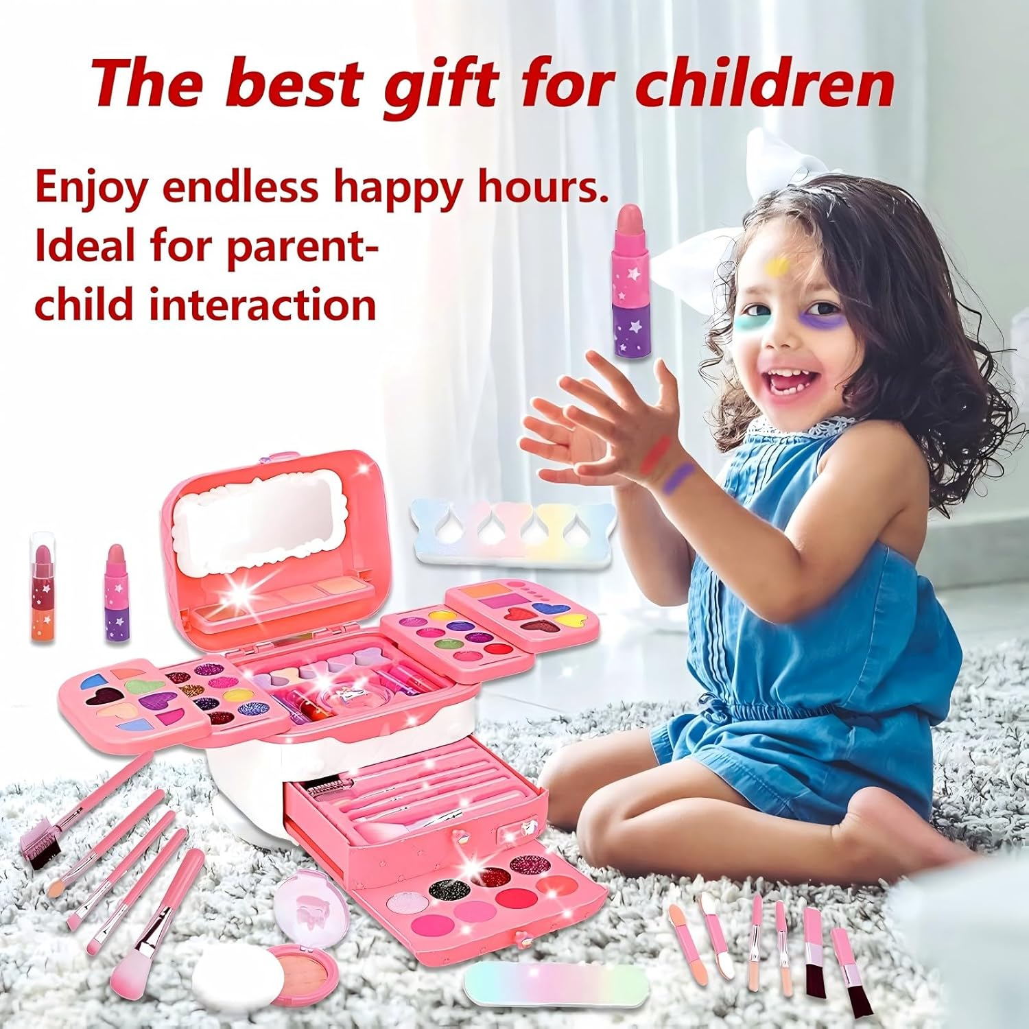 Girls Makeup Kit for Kids, 72 Pcs Washable Real Cosmetic & Pink Travel Cosmetic Case, Non-Toxic Make up Set Toys Toddler Makeup Kit, Princess Dress up Kit Christmas & Birthday Gift for 3-12 Age Girl - Pink image number 4