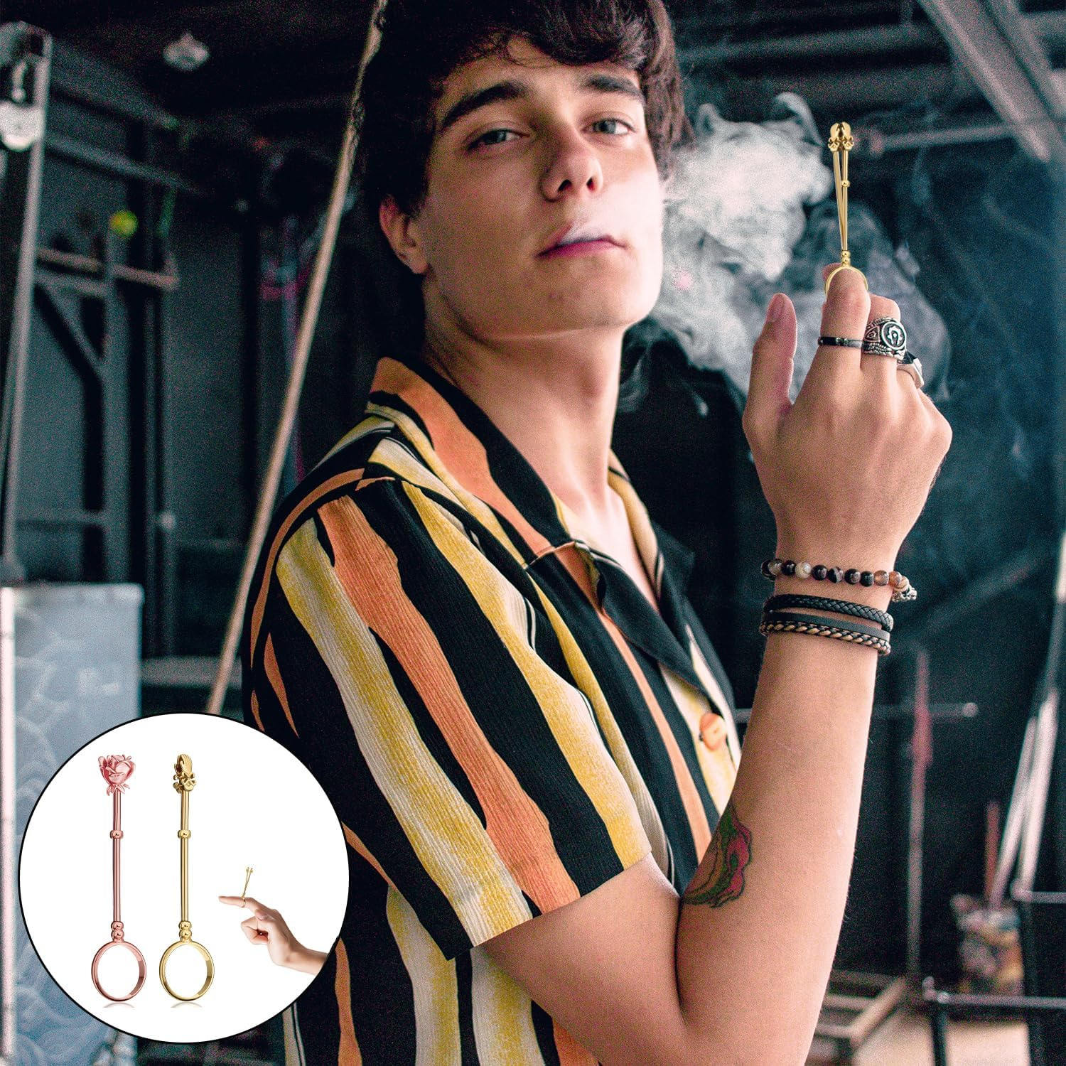 Cigarette Holder Ring, 2 Pcs Smoker Finger Holder Clip for Men and Women, for Smoking, Unique Gift, Protect Your Finger (Gold, Rose Gold) image number 2