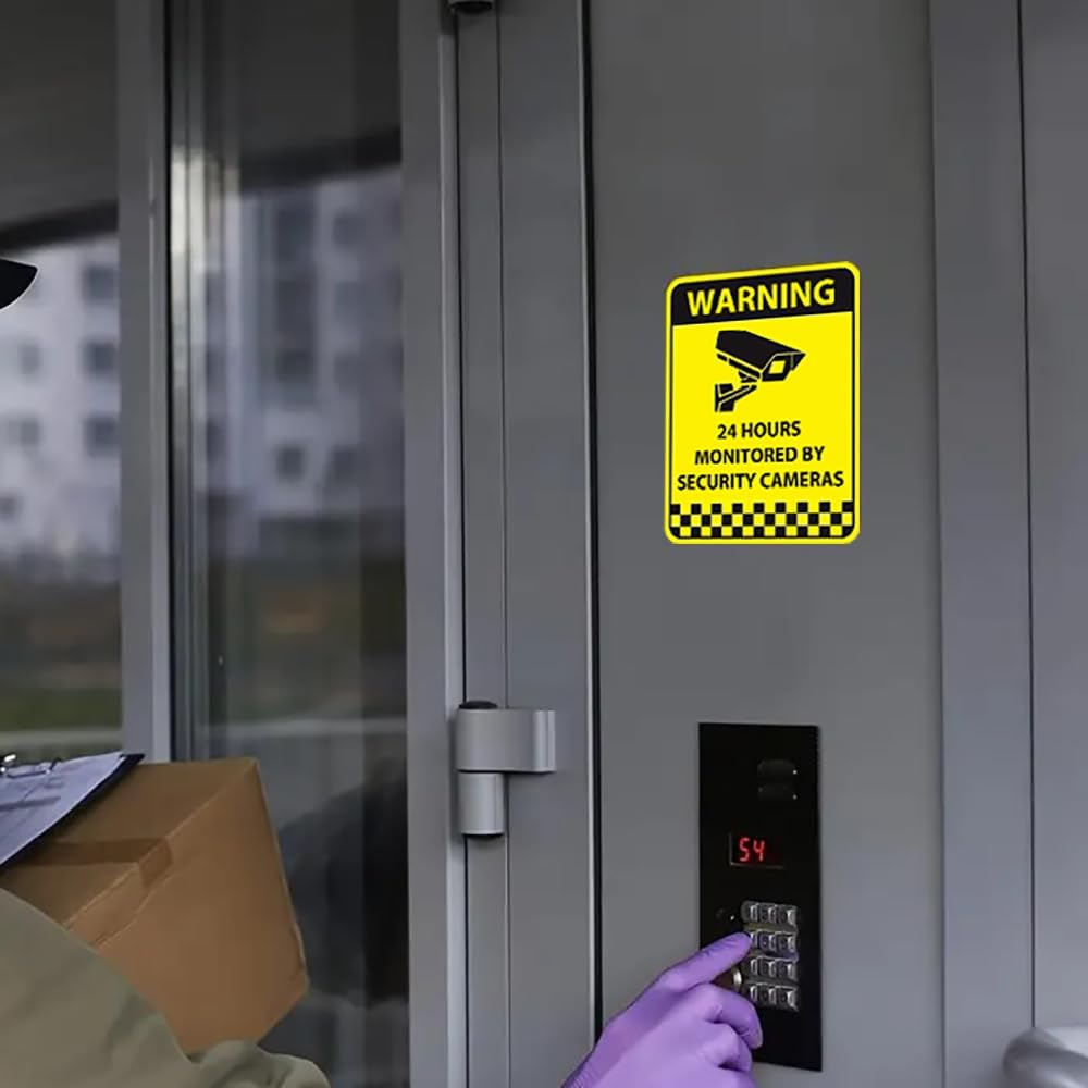 CCTV Signs Video Surveillance Sticker 24 Hours Video Recoding Sticker Self-Adhesive No Trespassing Warning Sign for Window Door Business (Yellow 2Pack) image number 6