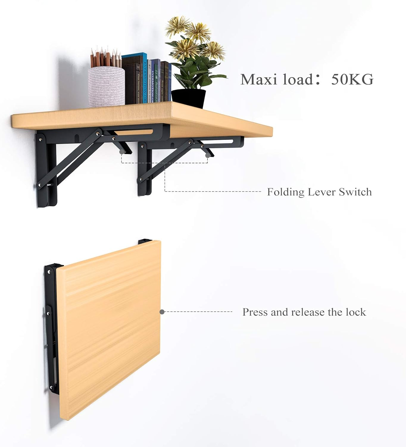 Beinhome Folding Console Heavy Duty 2 Pieces 200 Mm Shelf Brackets Foldable Black Folding Shelf Brackets Table Folding Hinge Load Capacity 50 Kg / 110 Lb for Table Tops Folding Table Wall Table Space image number 2