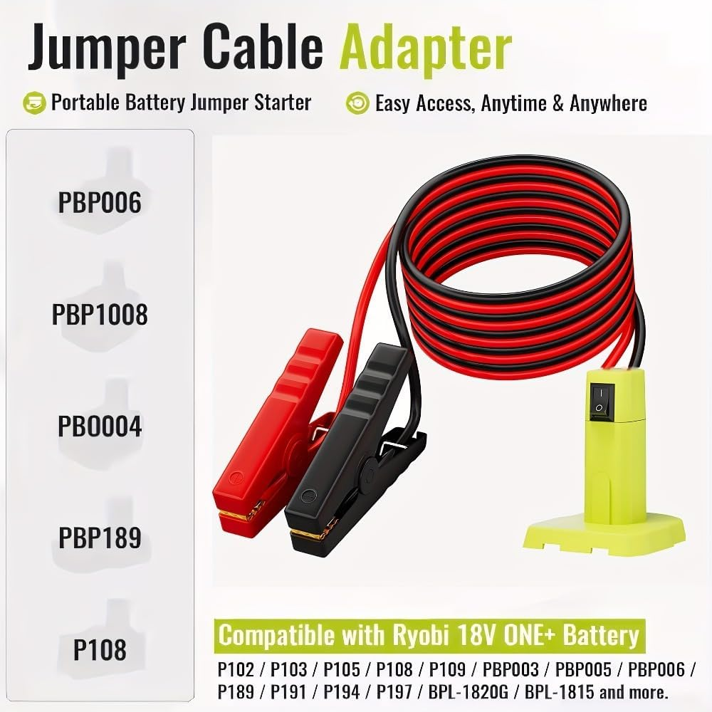 CTRUILA Battery Jumper Starter for Ryobi 18V Battery, 6FT 12AWG Portable Jumper Cables with Switch and Reverse Protection, Portable Starting Cable for Vehicle Lgnition image number 2