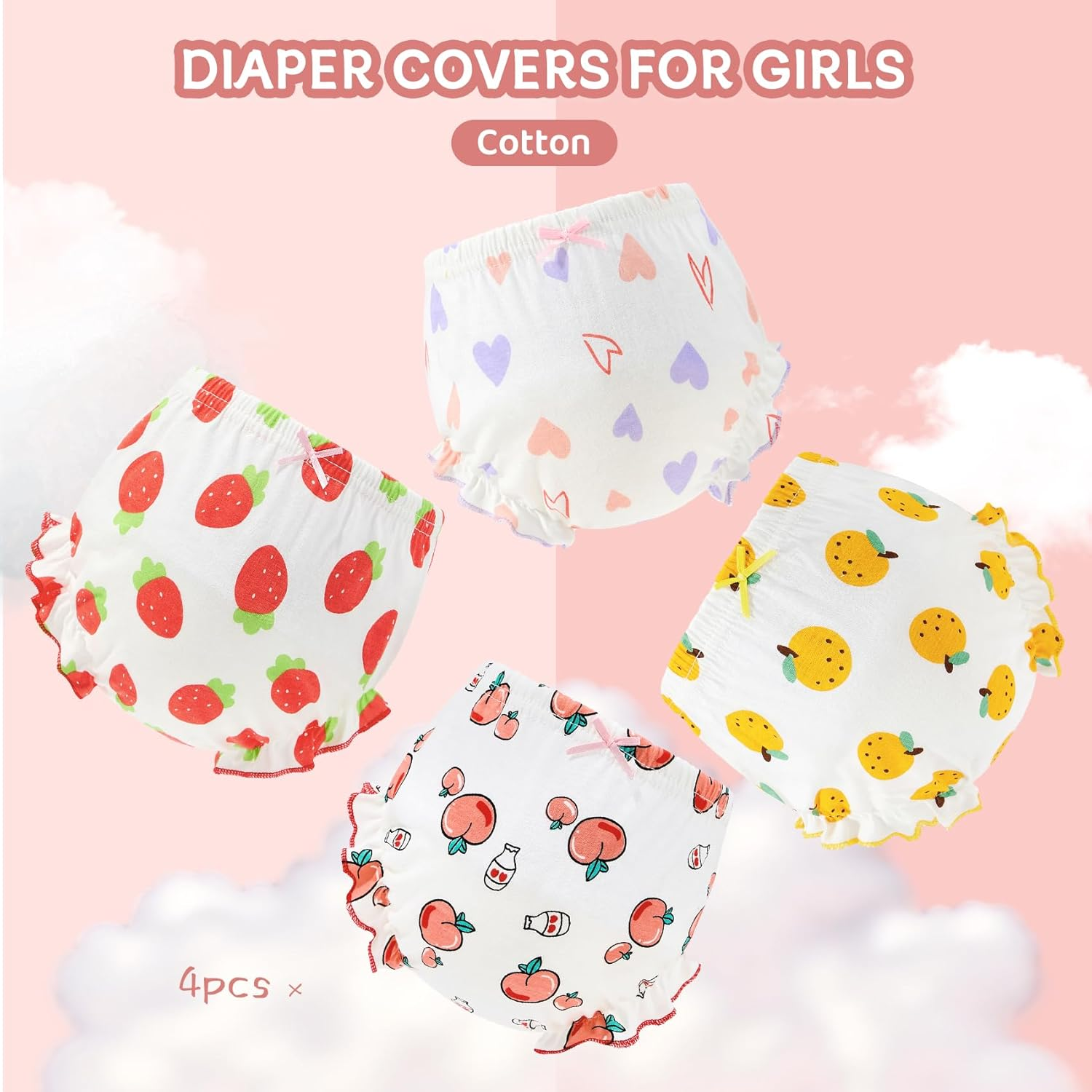 Durio 4-Pack Diaper Covers for Girls Ruffle Baby Bloomers for Baby Girls Cute Pattern Baby Underwear Cotton Toddler Bloomers image number 5