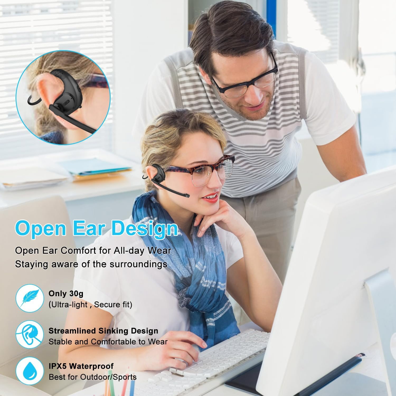 Idigmall Bluetooth Headset with Detachable Microphone, Multi-Point Wireless Headset W/Dsp Noise Canceling Mic for Phone PC Laptop, Comfort & Light Open Ear Headphones for Office Meeting Home Work, 12H