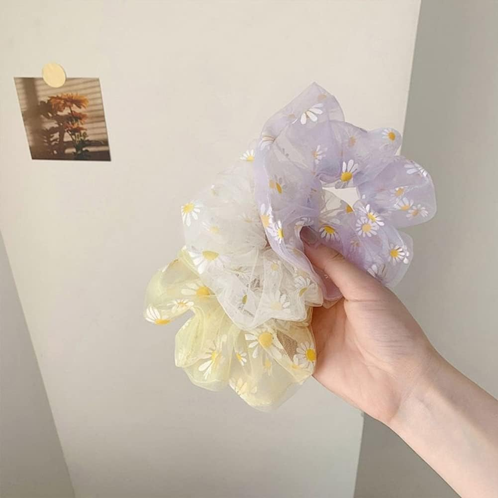 JIHUOO Pack of 8 Daisy Organza Hair Bobbles Flower Hair Scrunchies Elastic Hair Bobbles Hair Bands Hair Accessories for Girls Women image number 3
