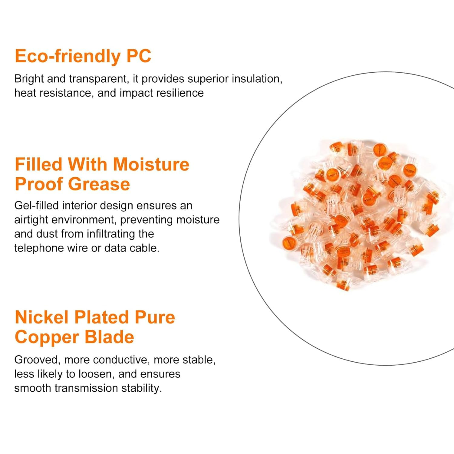 QCCAN 200Pcs UY2 K2 Telephone Wire Splice, Gel-Filled, Orange, Crimp, Blade Terminal, Copper, Polycarbonate