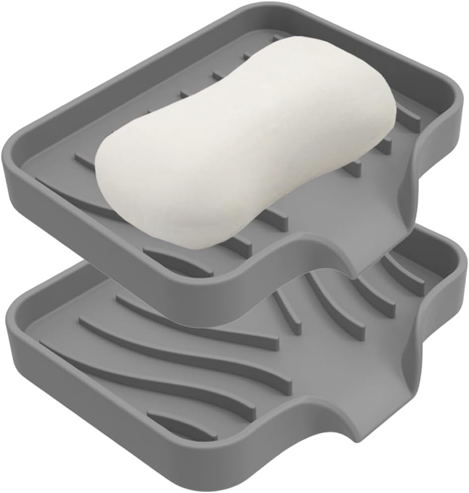 Vekol Soap Dishes with Drain Spout, 2PCS Silicone Soap Holder Waterfall Drainer Soap Saver, Sponge Holder, Dish Soap Tray for Shower, Bathroom, Kitchen, Bath Tub, Razor (Grey + Grey)