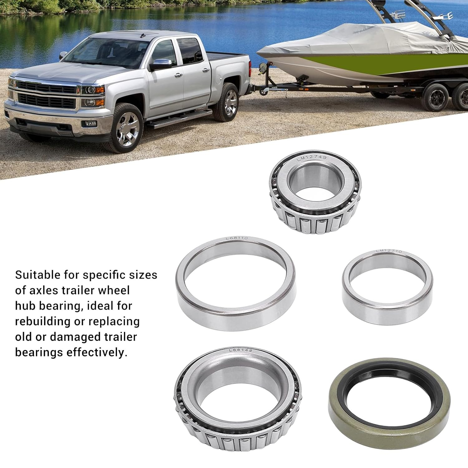 5PCS Marine Trailer Bearing Kit, Steel Alloy Boat Trailer Axle Wheel Hub Bearings Set with Seals for Boat, Efficient Axle Support, Includes LM12749, LM12710, L68149, L68110 image number 6