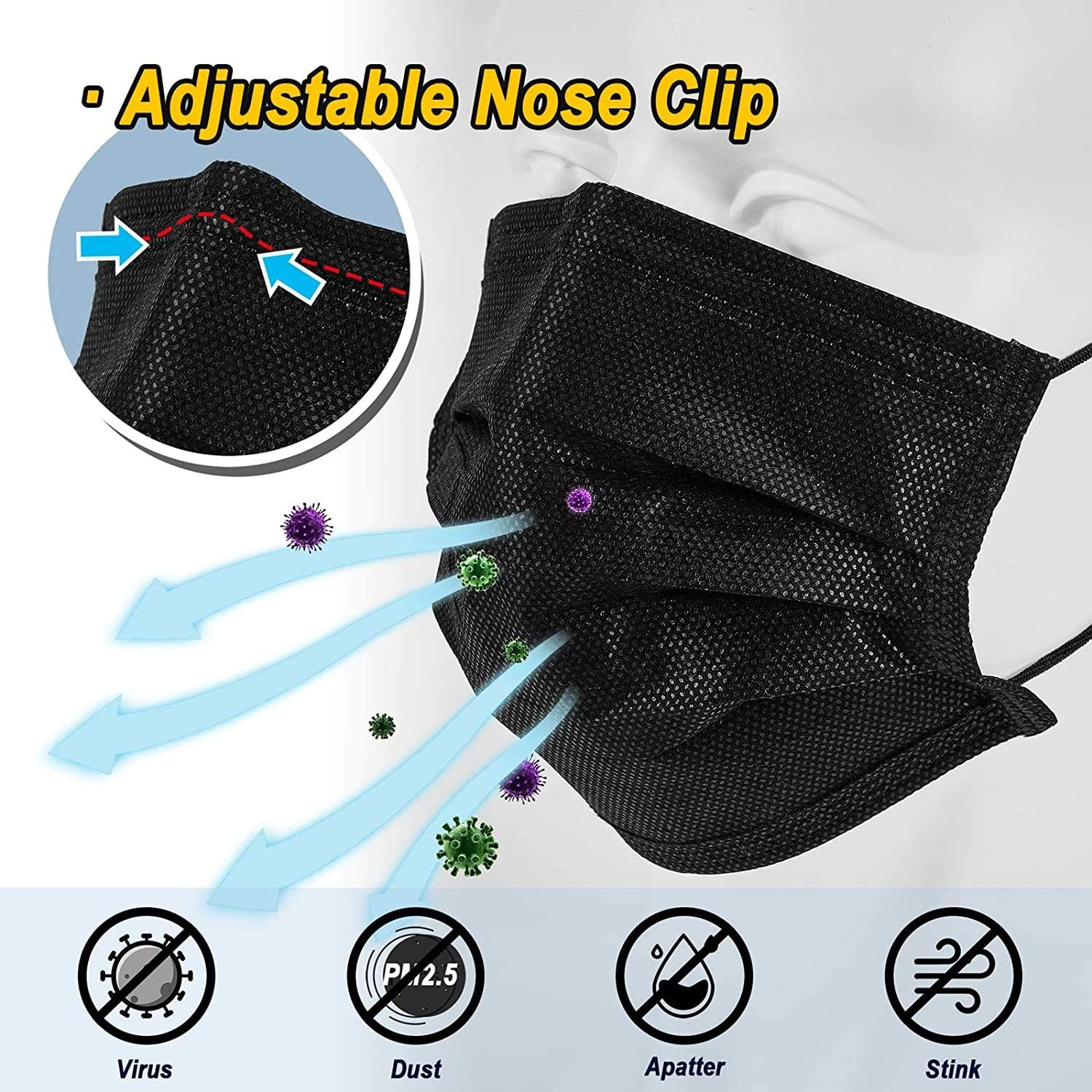 50 Pack Individually Packaged Disposable Black Face Mask Cover for Adults, Single Use 3 Ply Protectors with Elastic Earloops image number 6