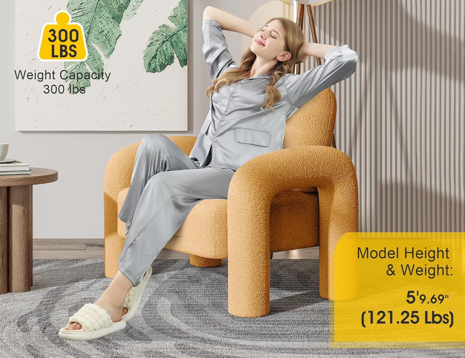 Modern Sherpa Accent Chair, Teddy Upholstered Arm Single Sofa, Cozy Fluffy Reading Chair for Living Room, Bedrooms, Corner (Yellow) - Orange image number 5