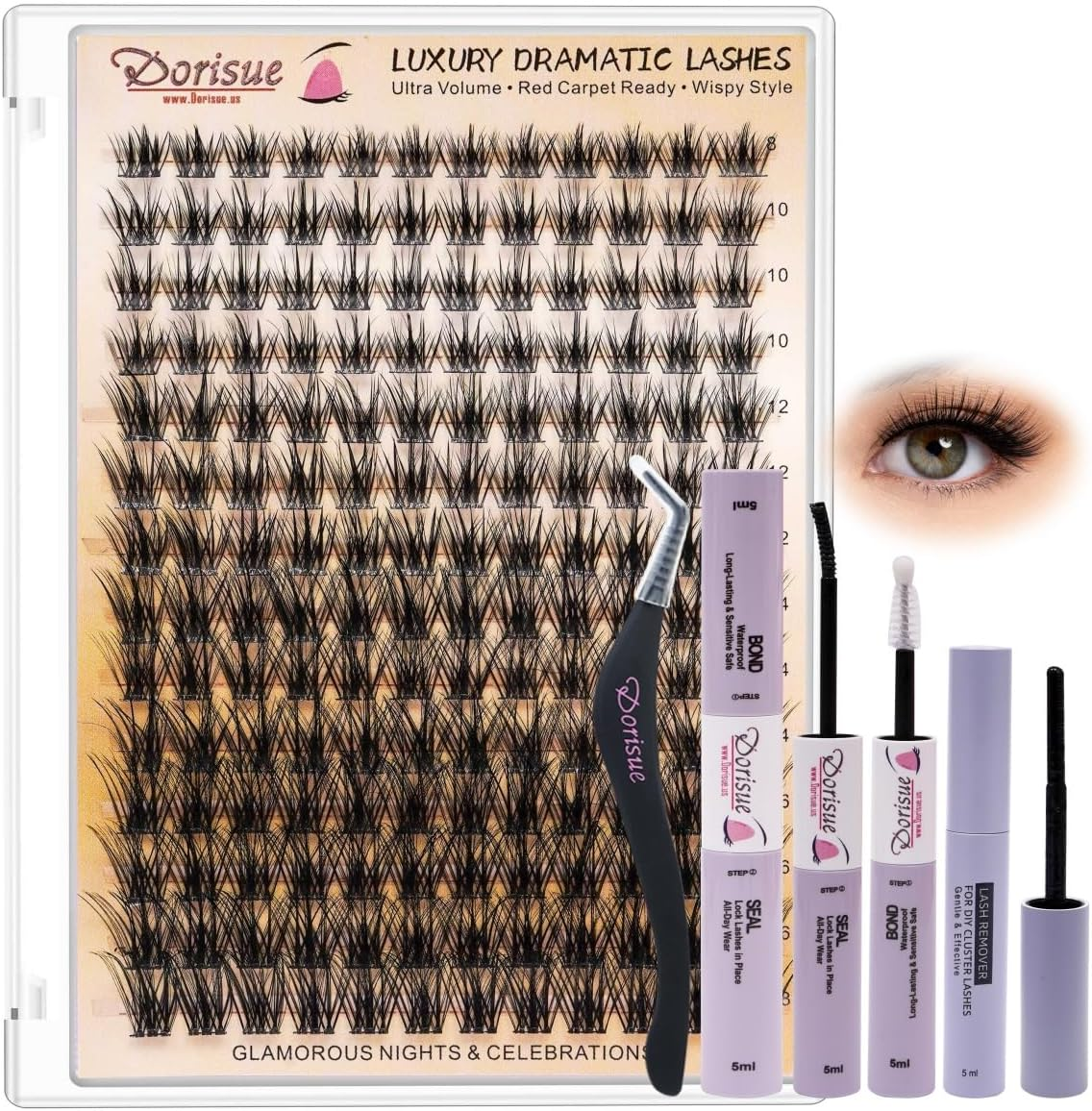 Dorisue Dramatic Volume Cluster Lashes 168PCS - Theater Grade High Impact Kit with Reinforced Bond Technology, Christmas Party New Year, Professional Tools with Premium Tweezers Bond Seal Remover