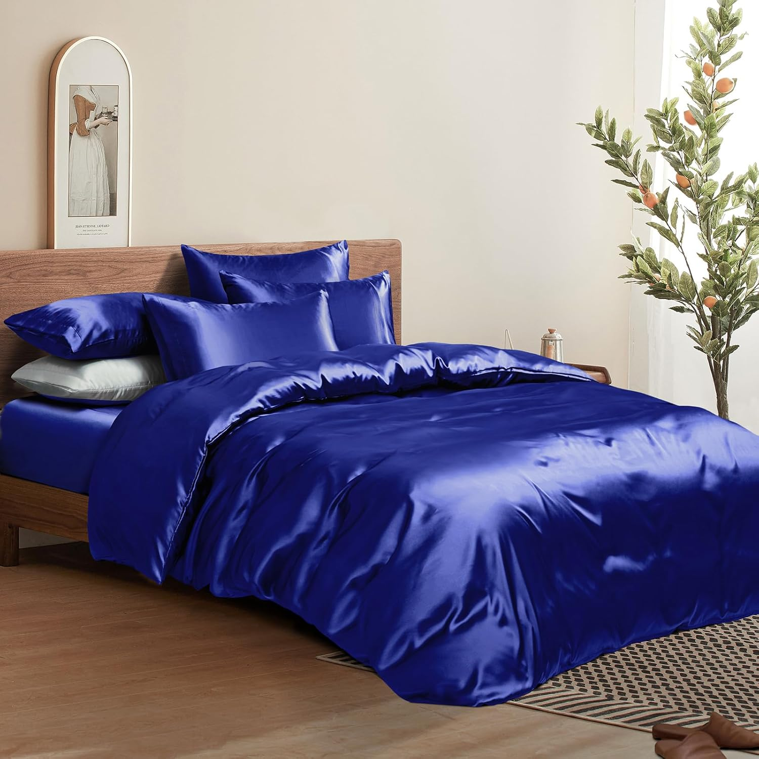Manyshofu Royal Blue Satin Duvet Cover Set, Queen Size - 6Pc Bed Linen Set with Fitted Sheet & 4 Pillowcases image number 2