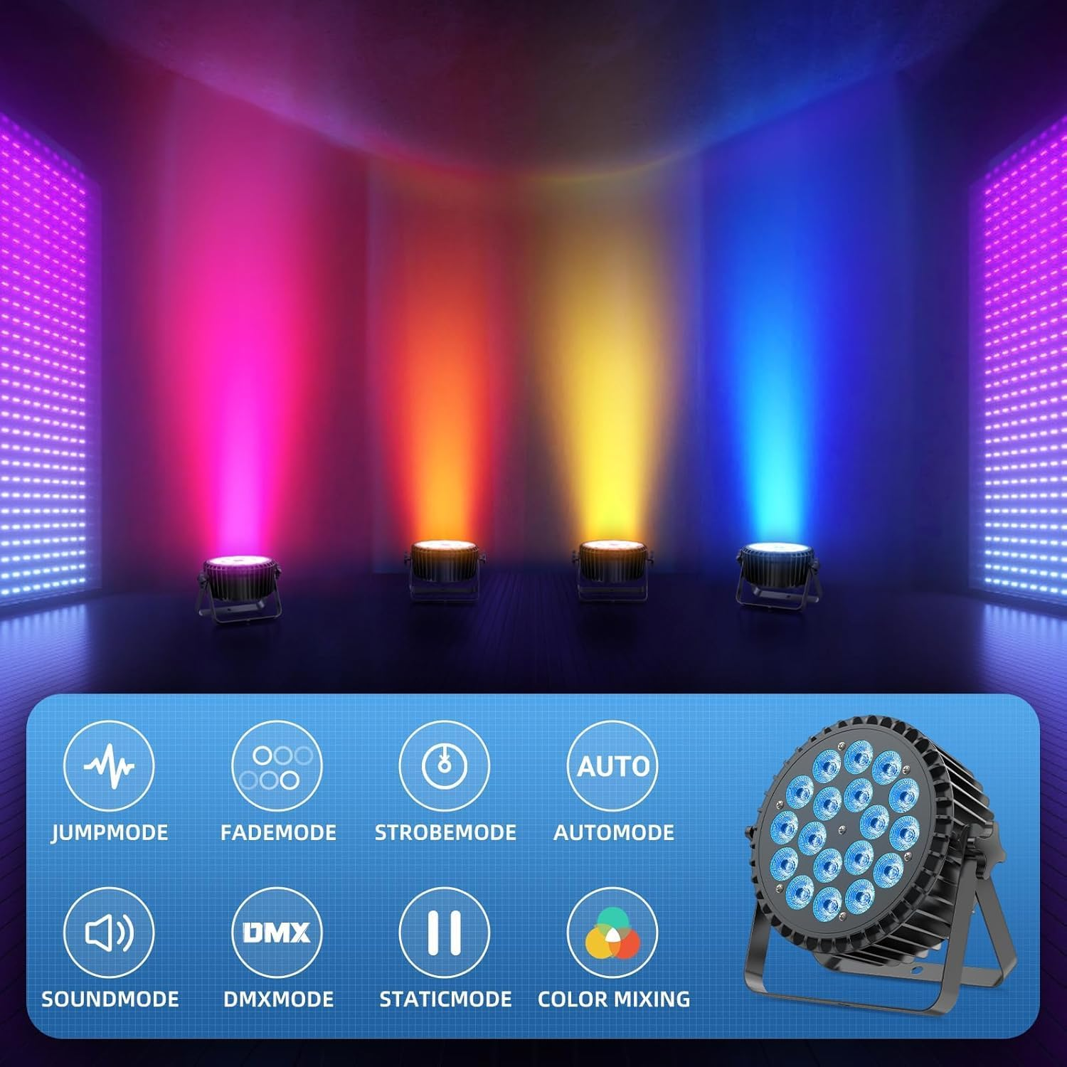 200W LED Par Lights RGBWA+UV 6-In-1 Stage Lights Par Can Lighting with DMX Control Sound Activated Uplights for Events DJ Wedding Party Church Live Show(4 Packs) image number 3