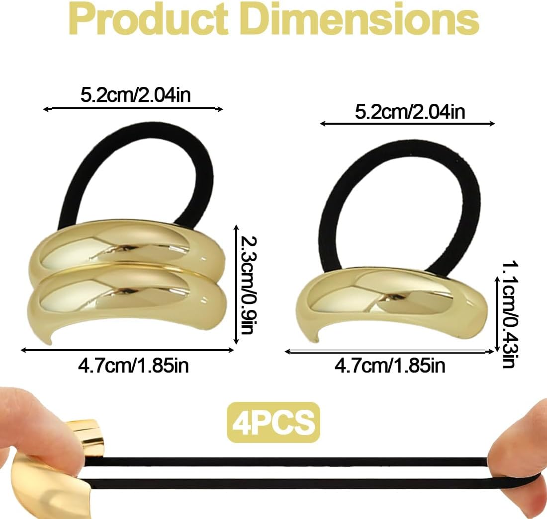 VAEIORP Pack of 4 Metal Hair Cuffs, Elastic Hair Bands, Bracelet, Ponytail Holder, Hair Band for Women and Girls, Thick, Thin, Curly (Gold, Black) image number 3