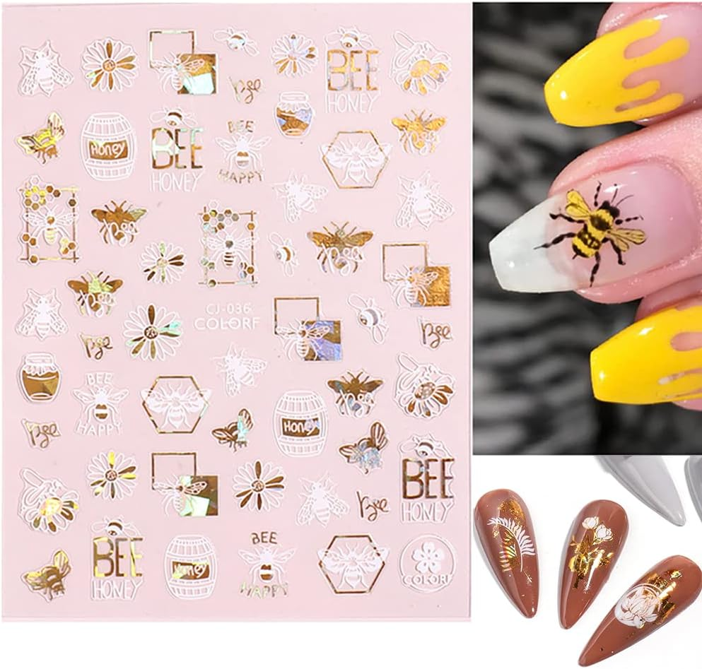 Flower Nail Stickers, 3D Metal Gold Spring Nail Decals Metallic Gold White Cherry Blossoms Leaves Bees Flowers Spring Nail Art Design DIY Nail Decoration for Women Kids(9 Sheets) image number 1
