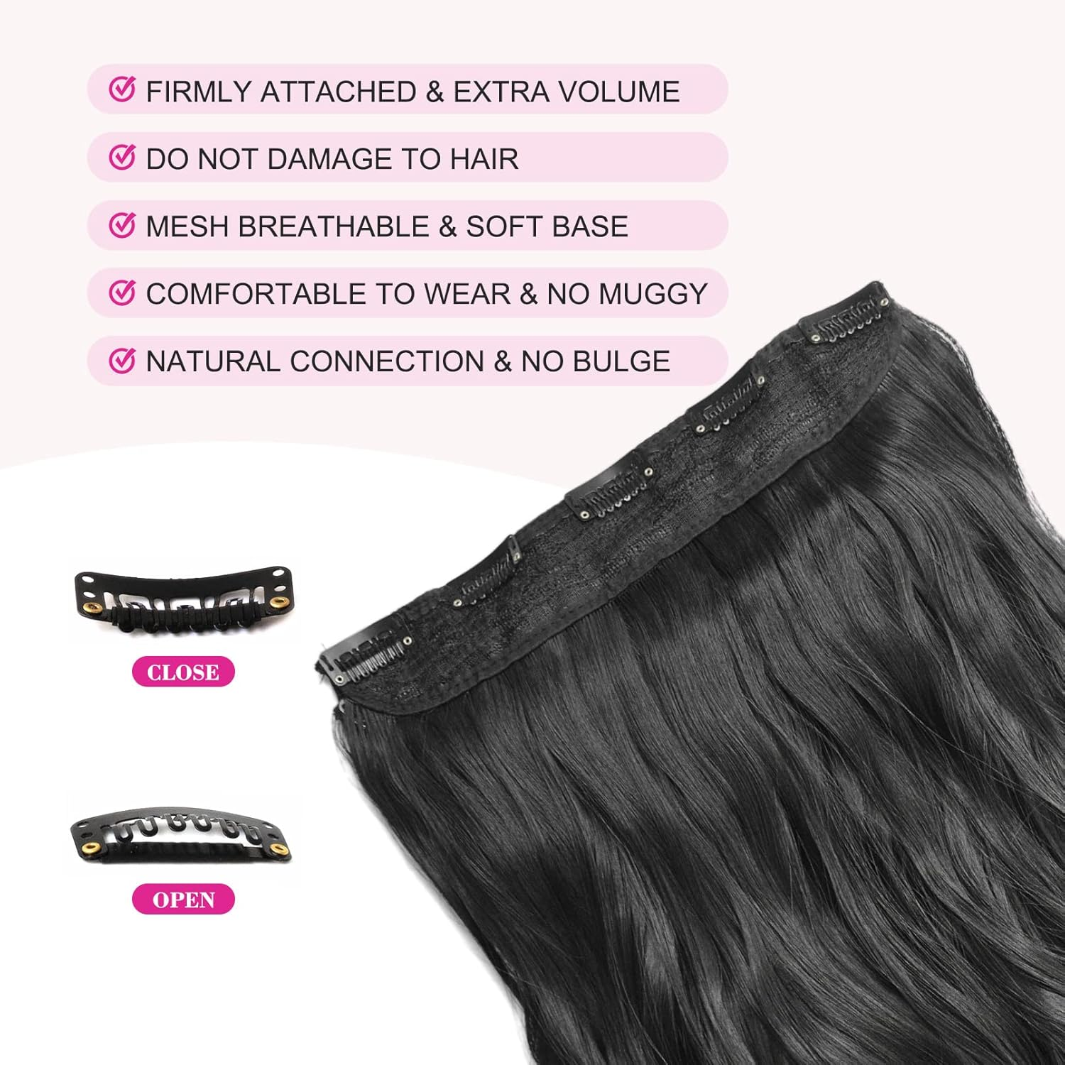 REECHO 18" 1-Pack 3/4 Full Head Curly Wavy Clips in on Synthetic Hair Extensions HE008 Hairpieces for Women 5 Clips 4.0 Oz per Piece - Natural Black image number 6