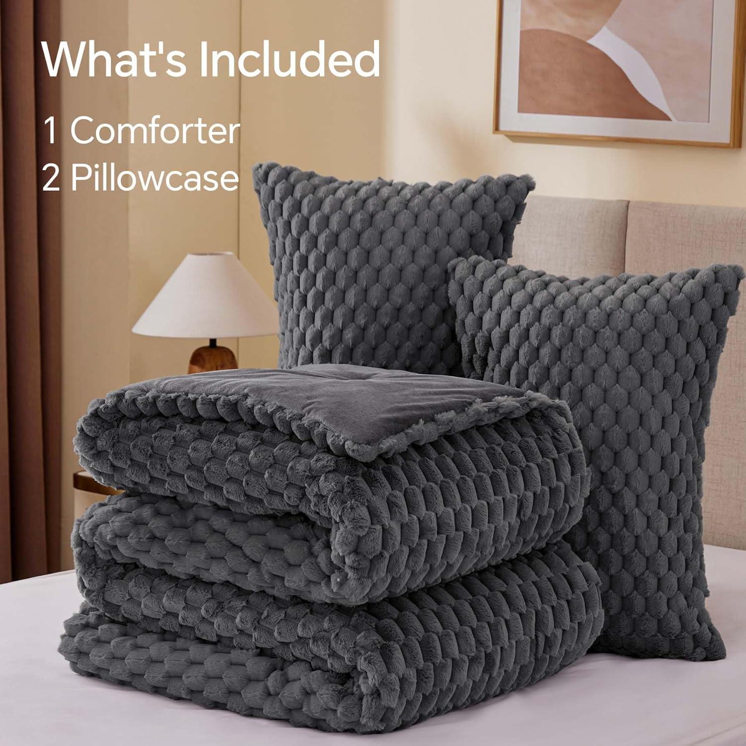 BEDELITE Fluffy Queen Comforter Set - Grey Fleece Soft Comforter for Queen Size Bed, Luxury Warm Bedding Set for Winter, Fuzzy Bed Set 3 Pieces (1 Comforter, 2 Pillowcases) image number 5