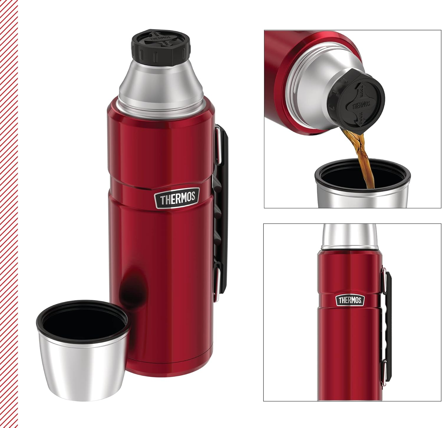 Thermos Stainless King Thermos Flask, Red, 1.20 L, Stainless Steel, Completely Leak-Proof, with Drinking Cup and Handle, 12 Hours Hot & 24 Hours Cold, Dishwasher Safe, Bpa-Free