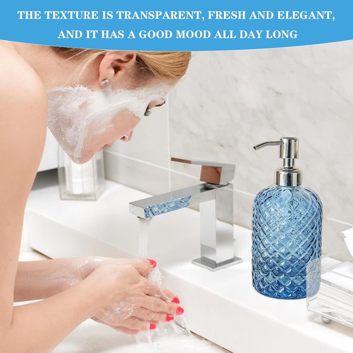 Glass Soap Dispenser Set &ndash; 2 Pack 13.5Oz (400Ml) Gem-Patterned Refillable Hand Soap Dispenser with Rust Proof Stainless Steel Pump Clear Bathroom & Kitchen Dispenser for Dish Soap, Lotion image number 3