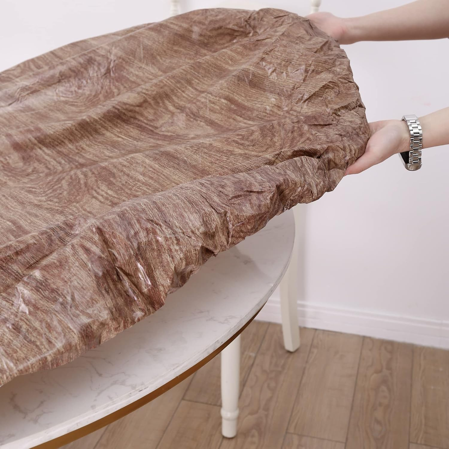 Round Vinyl Fitted Tablecloth with Flannel Backing Elastic Edge Design Table Cover Waterproof Oil-Proof PVC Table Cloth Stain-Resistant Wipeable for round Table image number 5