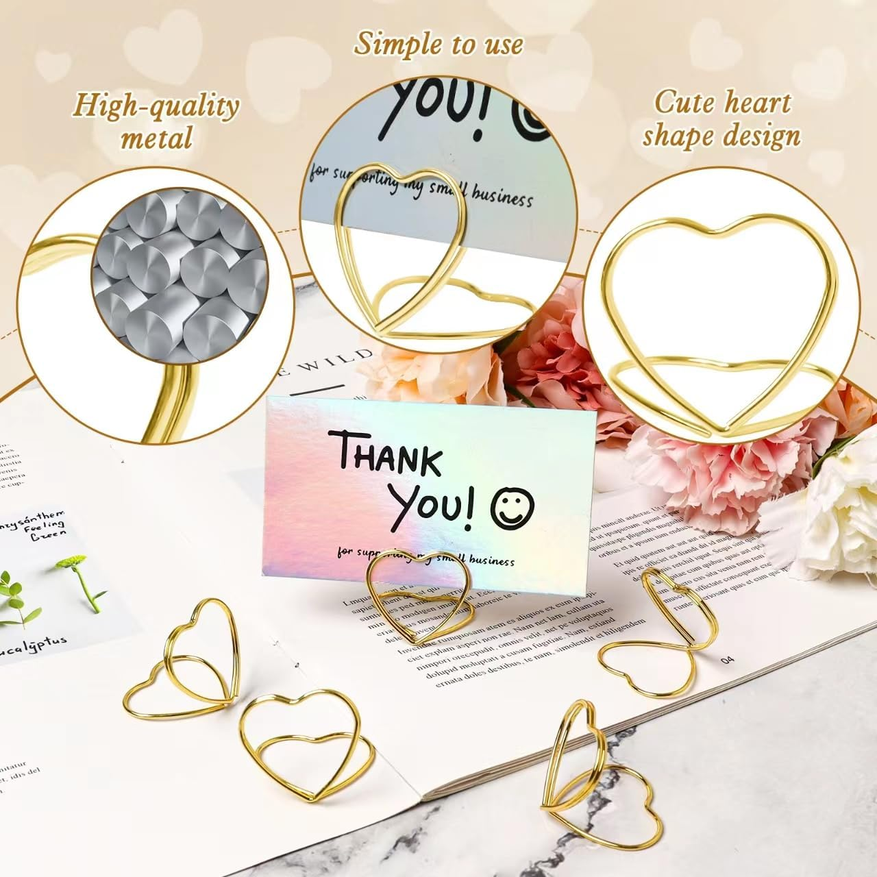 Qfeley 36 Pcs Gold Place Card Holders Table Number Holder Wedding Table Card Holders Name Card Holder Metal Place Setting Holder for Wedding Table Setting (Heart) image number 2