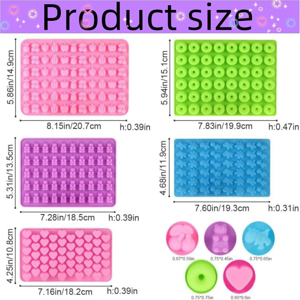 HIDOSNG 5Pcs Gummy Bear Candy Molds Silicone Gummy Molds 2 Dropper, Non-Stick Silicone Candy Mold Including Mini Dinosaur, Bear Shape, Heart, Donut Fruit for Jelly Chocolate (Pink+Green+Purple+Blue)