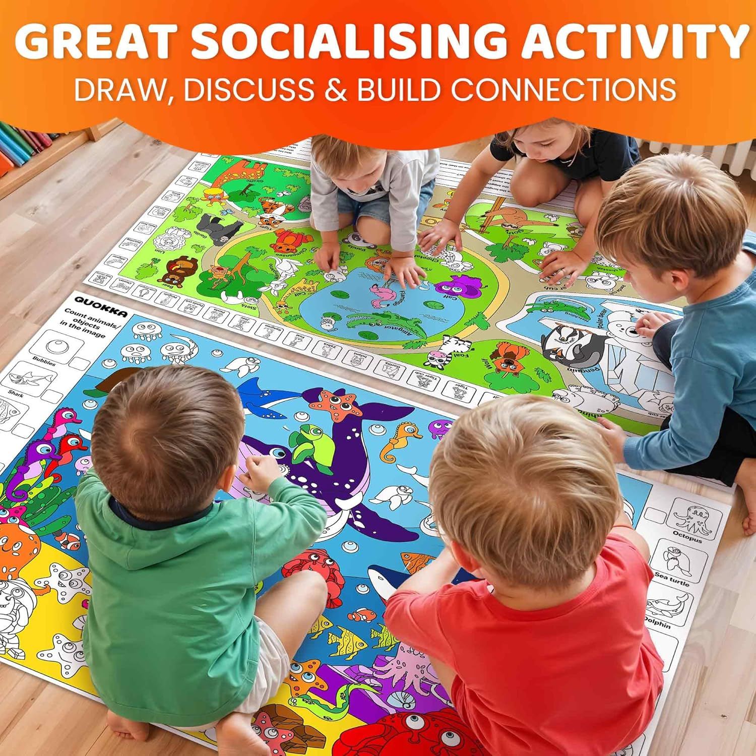 QUOKKA Giant Coloring Posters for Kids &ndash; 4-Pack 2X3 Ft Large Coloring Sheets with Educational Tasks &ndash; Floor & Wall Activities for Markers, Crayons, Paints &ndash; Classroom & Party Supplies for Ages 3-5 image number 3